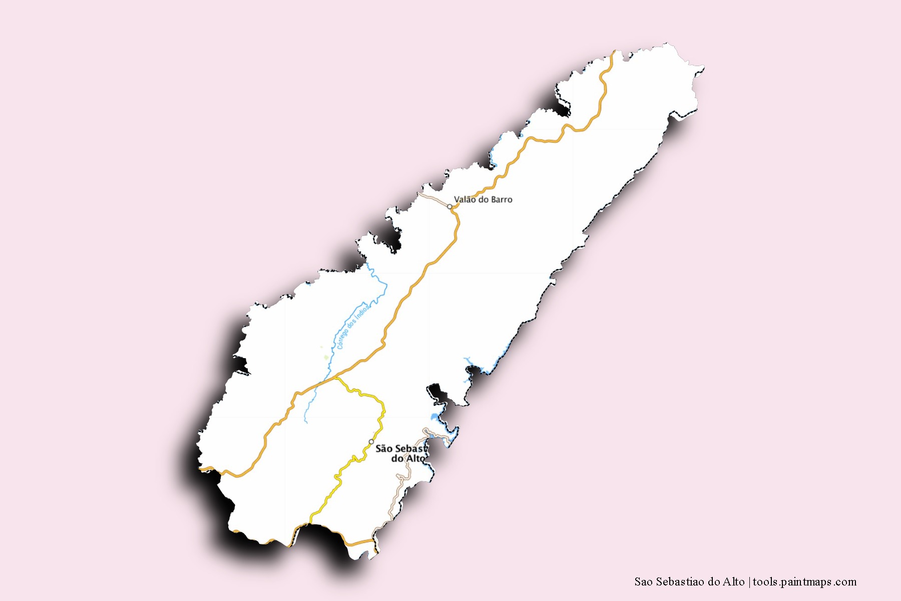 Mapa de barrios y pueblos de Sao Sebastiao do Alto con efecto de sombra 3D