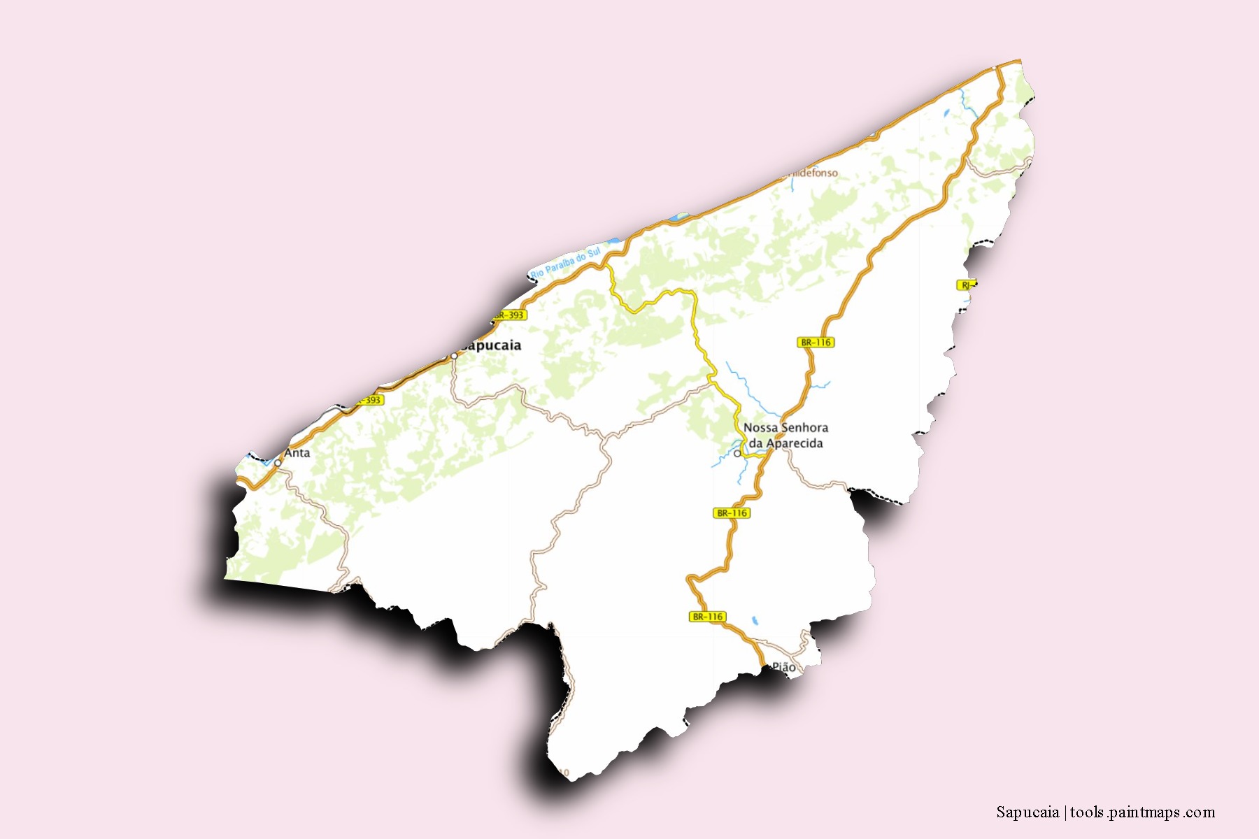 Mapa de barrios y pueblos de Sapucaia con efecto de sombra 3D