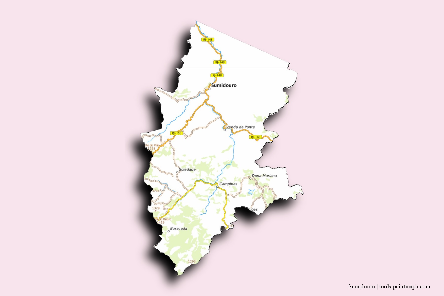 Mapa de barrios y pueblos de Sumidouro con efecto de sombra 3D