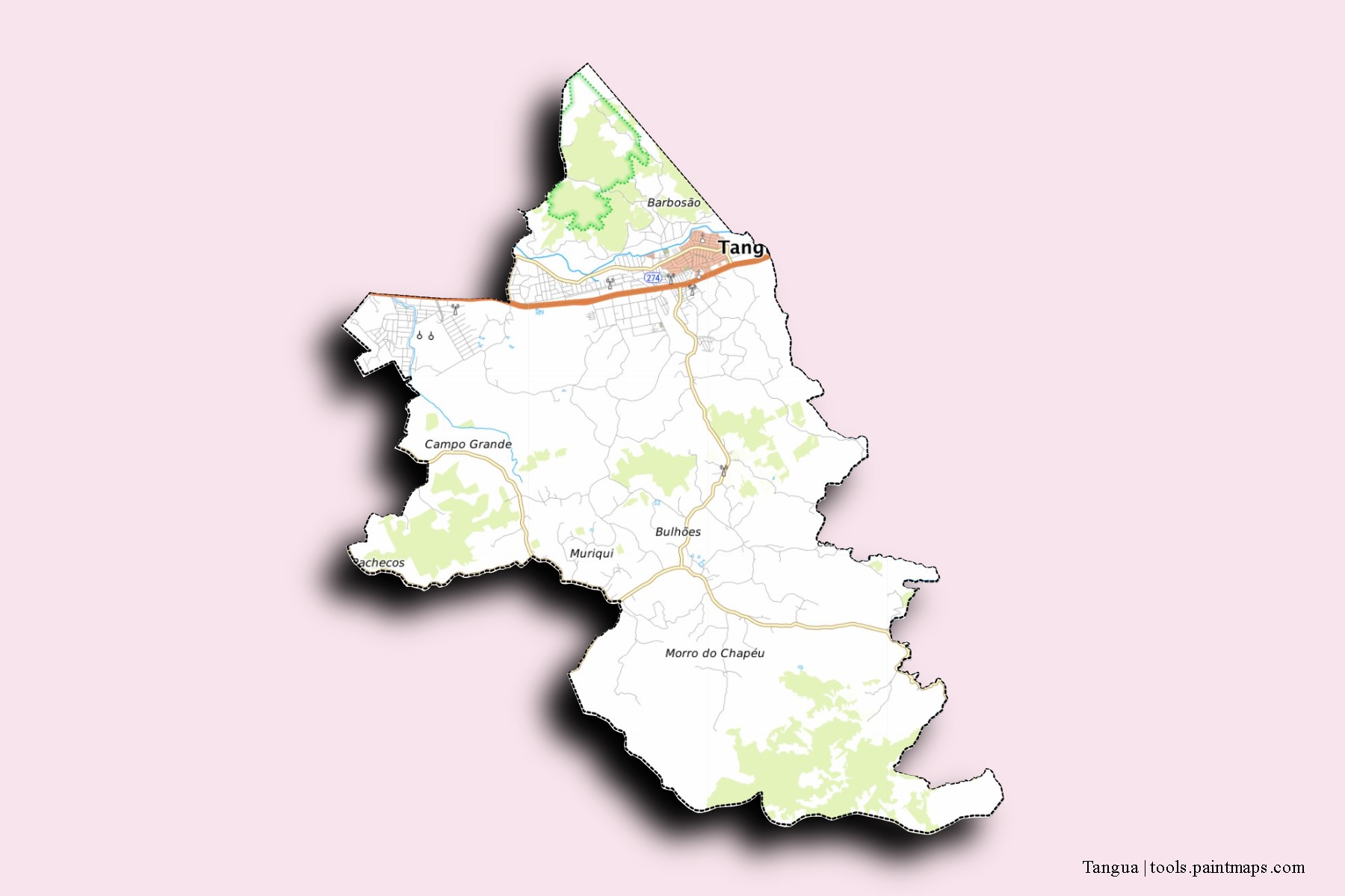 Mapa de barrios y pueblos de Tangua con efecto de sombra 3D