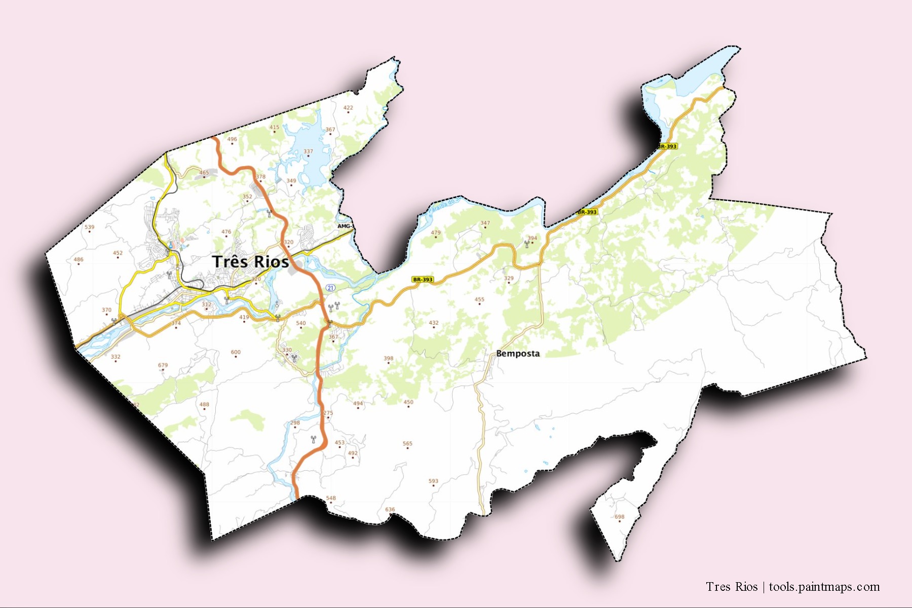 Mapa de barrios y pueblos de Tres Rios con efecto de sombra 3D