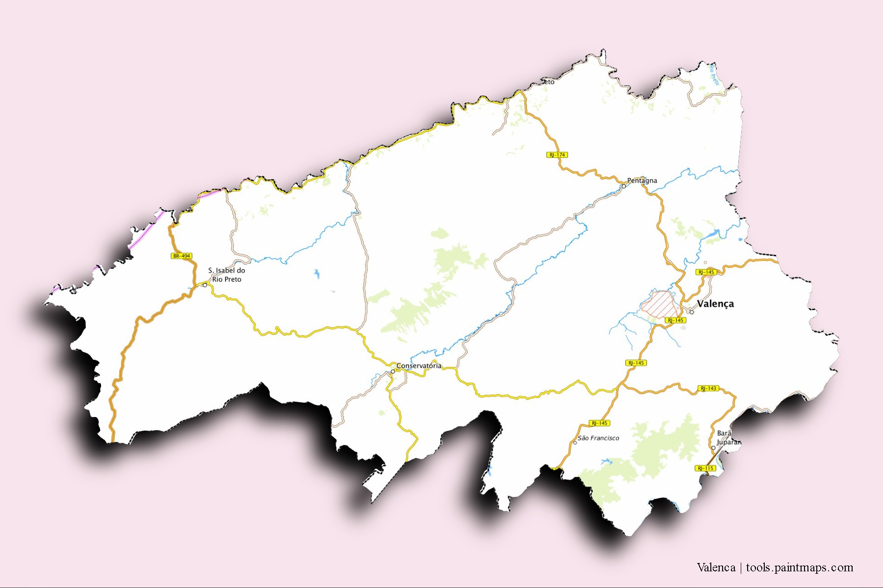 Mapa de barrios y pueblos de Valenca con efecto de sombra 3D