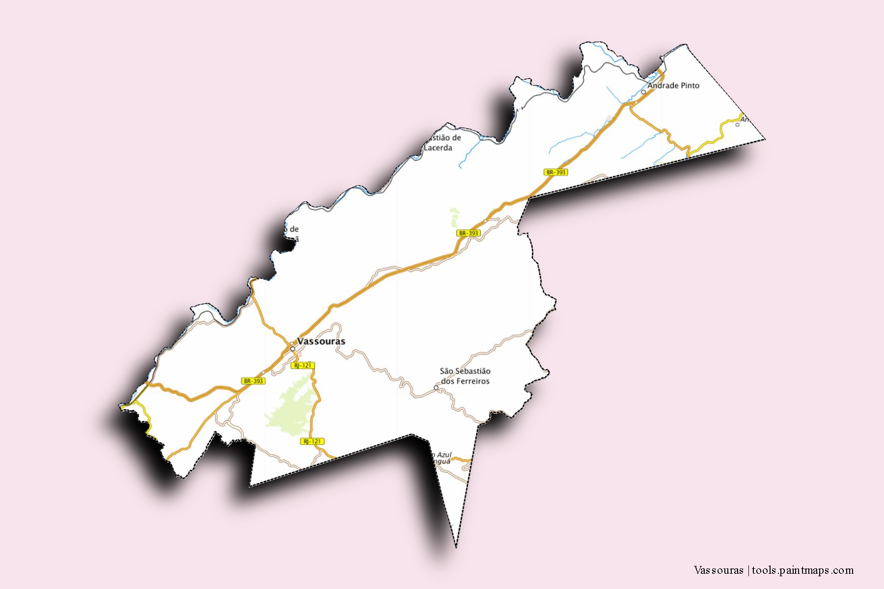 Mapa de barrios y pueblos de Vassouras con efecto de sombra 3D