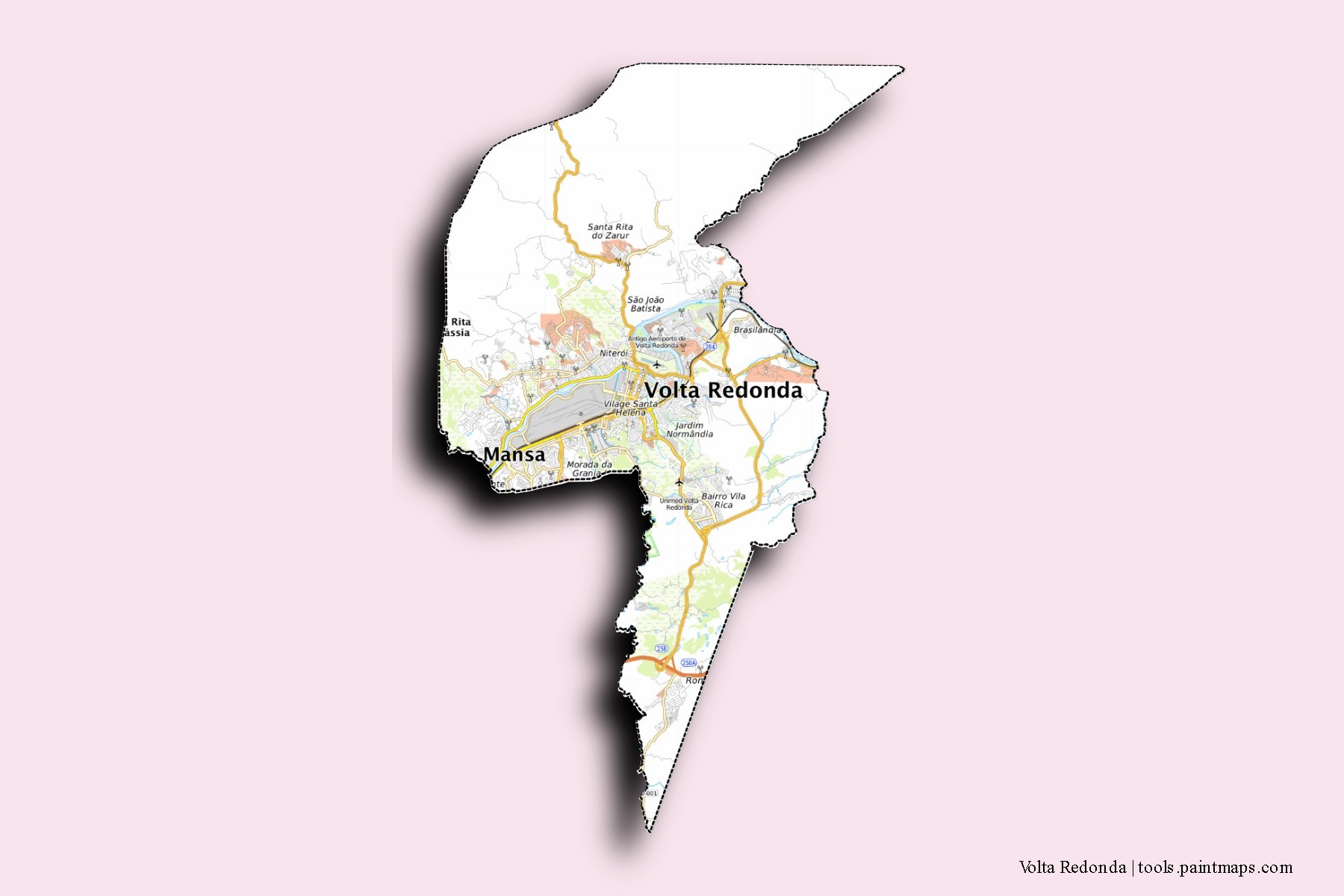 Mapa de barrios y pueblos de Volta Redonda con efecto de sombra 3D