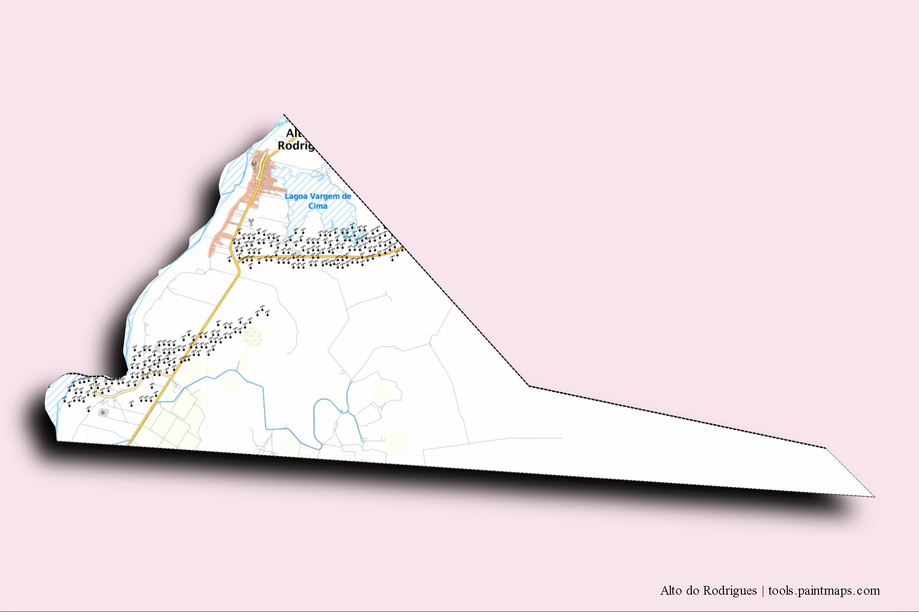 Mapa de barrios y pueblos de Alto do Rodrigues con efecto de sombra 3D