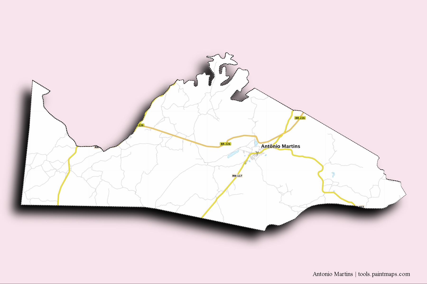 Mapa de barrios y pueblos de Antonio Martins con efecto de sombra 3D