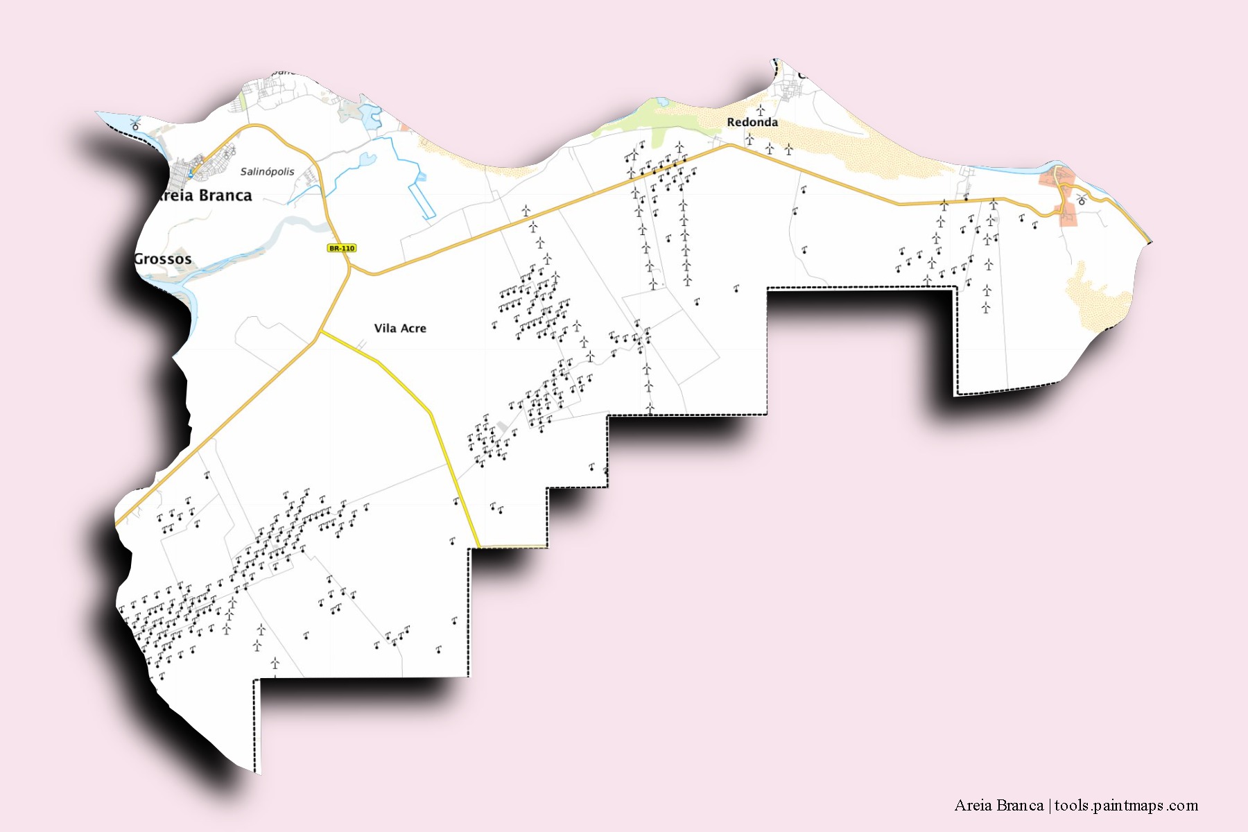 Areia Branca neighborhoods and villages map with 3D shadow effect