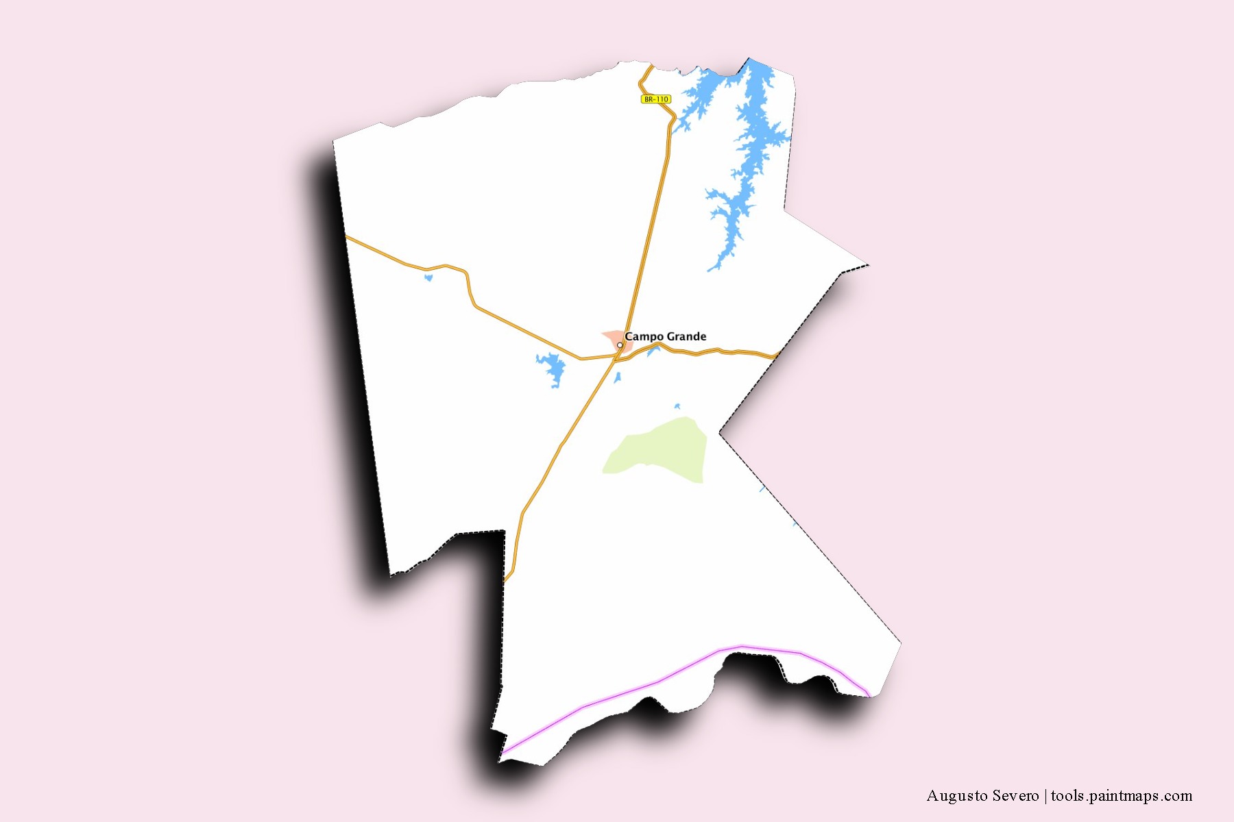 Mapa de barrios y pueblos de Augusto Severo con efecto de sombra 3D