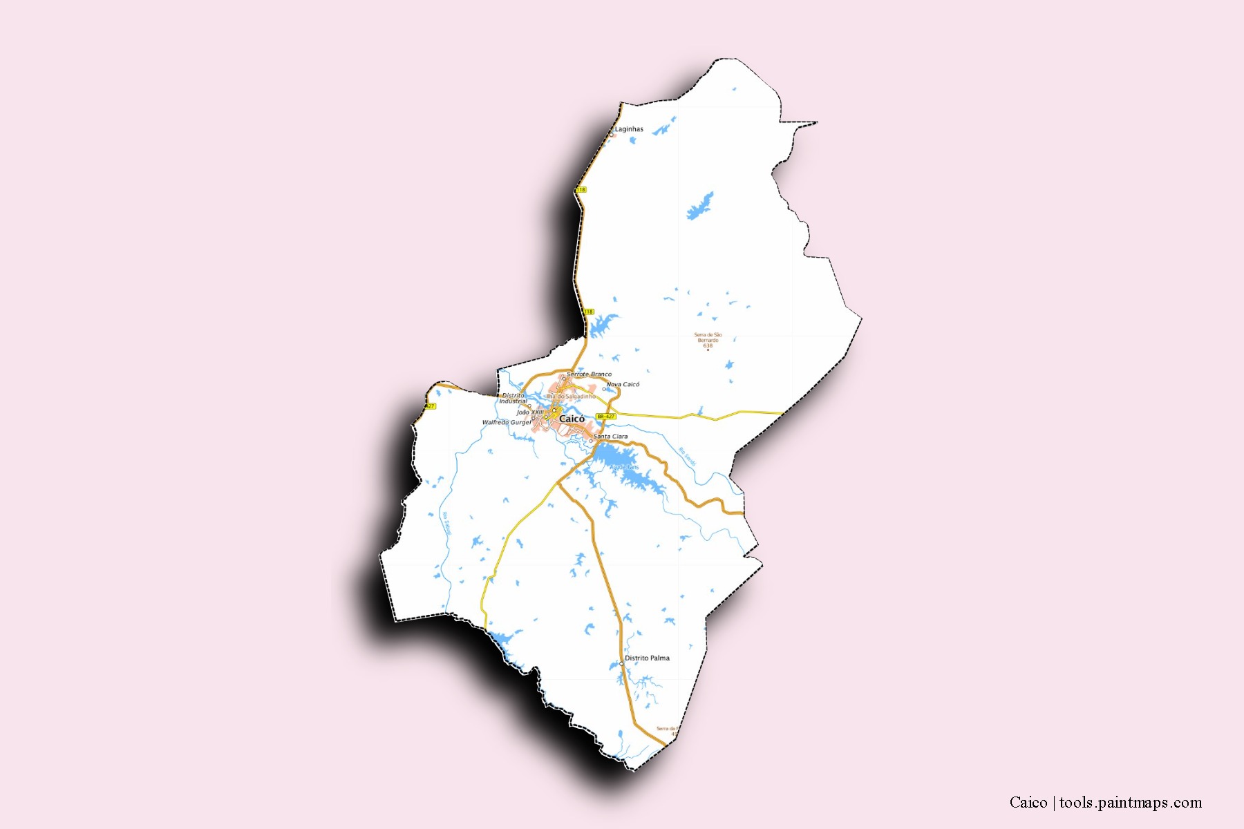 Caico neighborhoods and villages map with 3D shadow effect