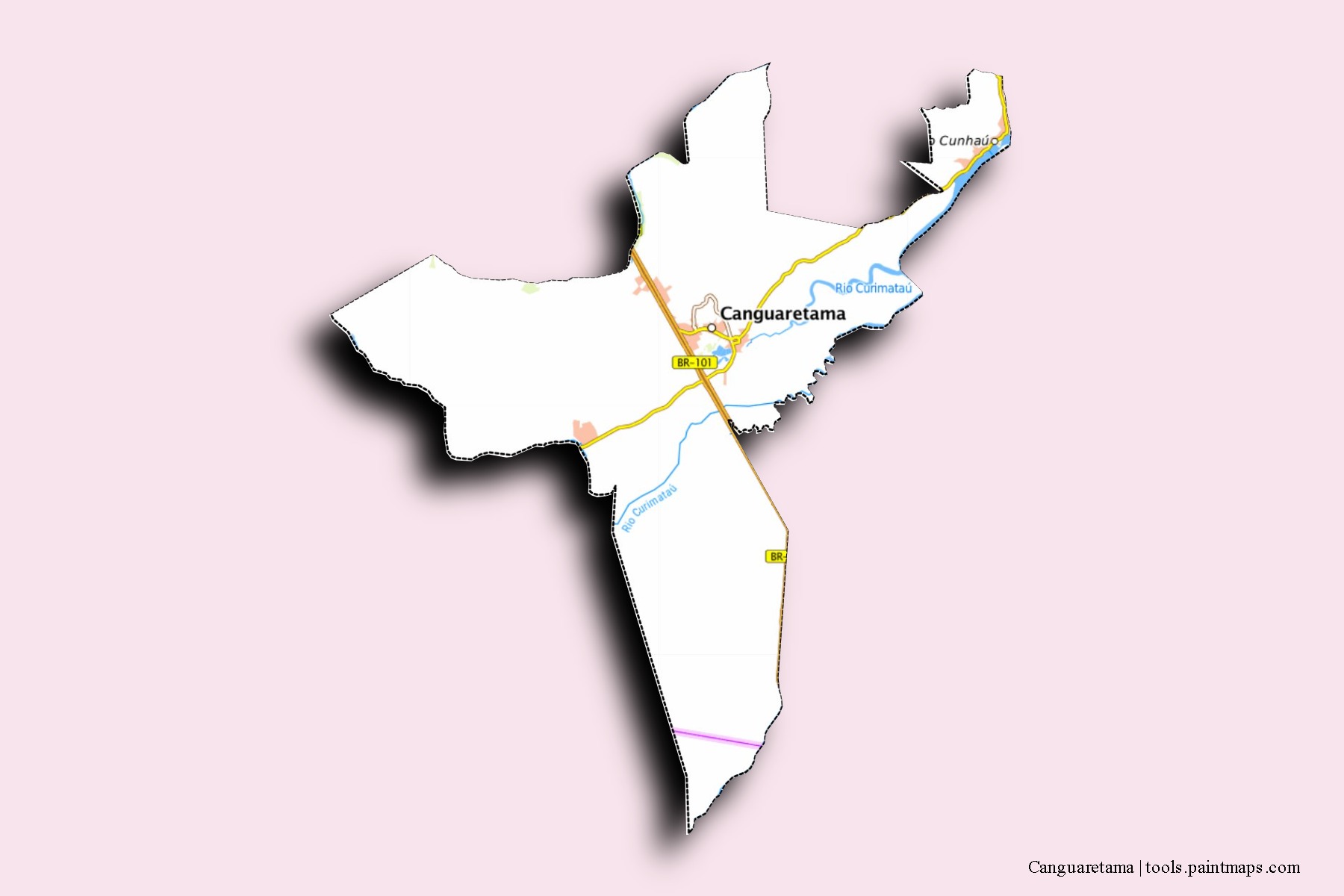 Mapa de barrios y pueblos de Canguaretama con efecto de sombra 3D