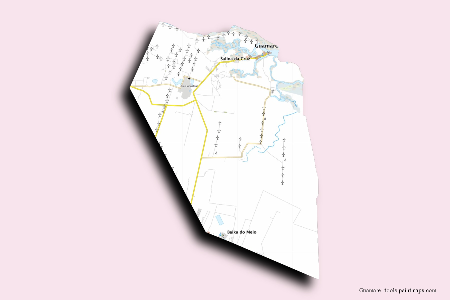 Guamare neighborhoods and villages map with 3D shadow effect