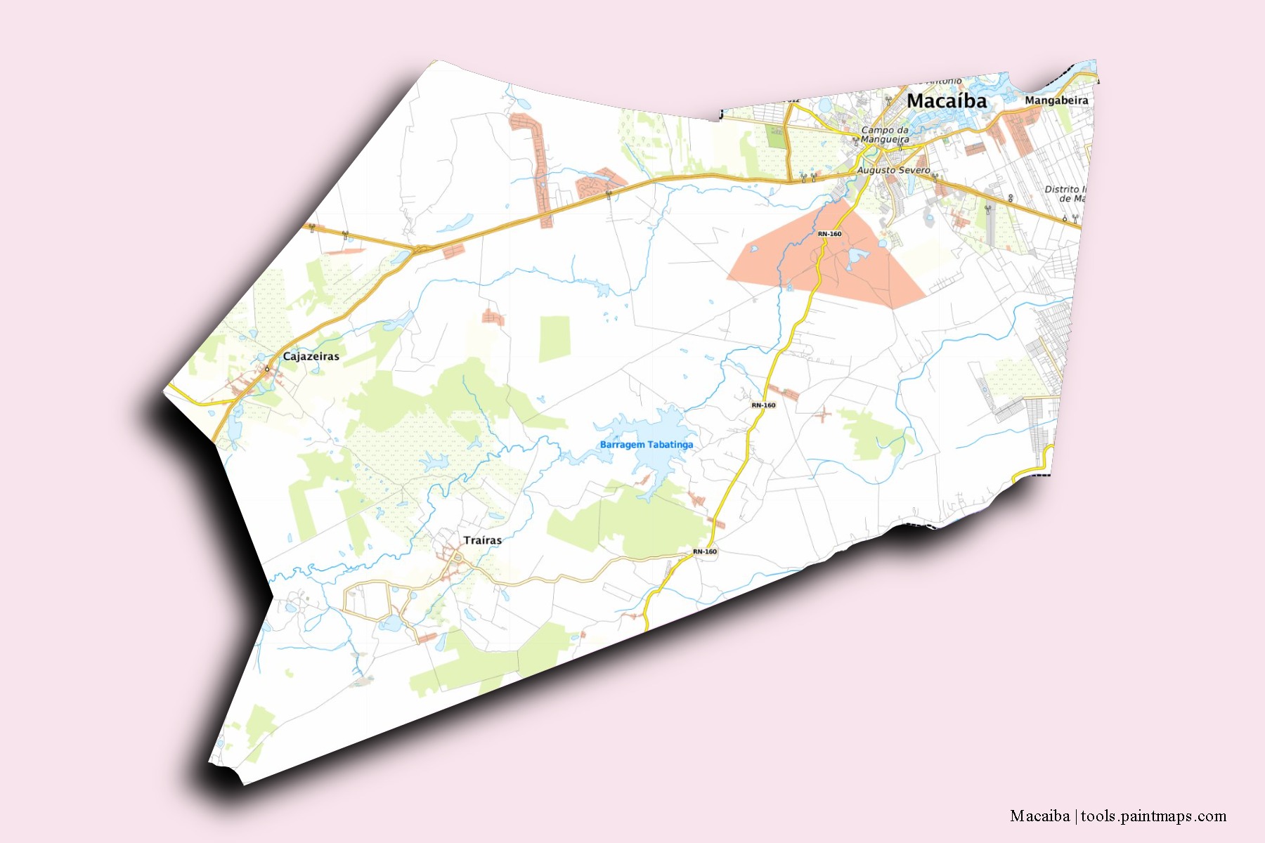Mapa de barrios y pueblos de Macaiba con efecto de sombra 3D