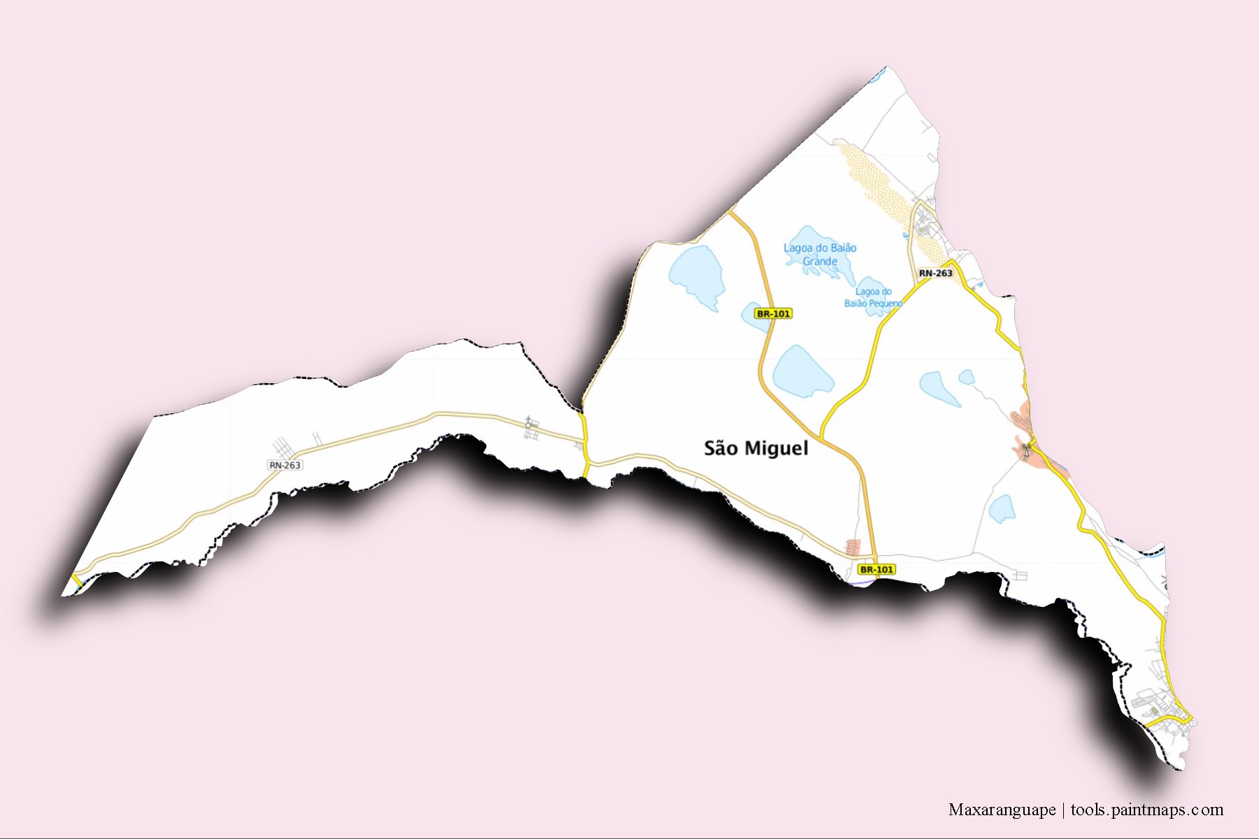 Mapa de barrios y pueblos de Maxaranguape con efecto de sombra 3D