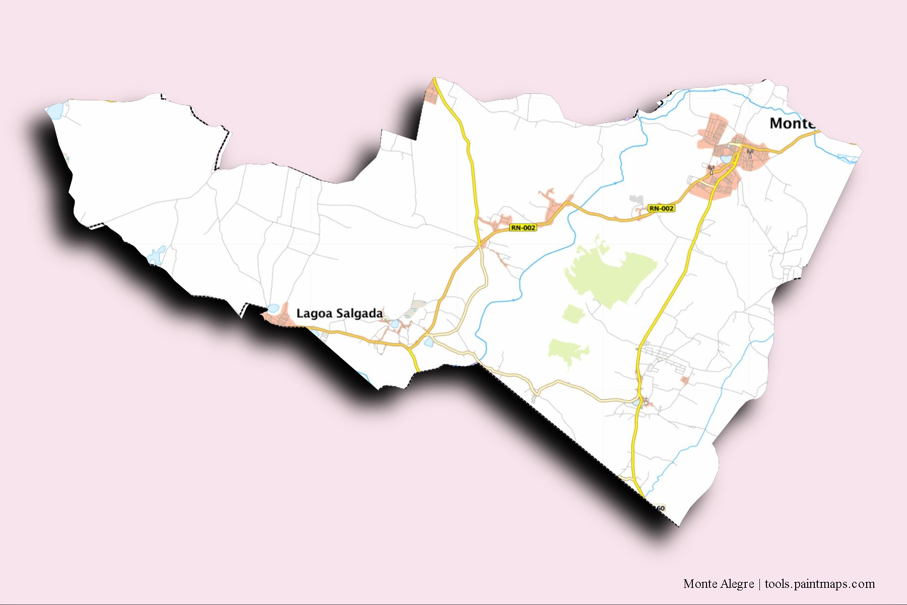 3D gölge efektli Monte Alegre mahalleleri ve köyleri haritası