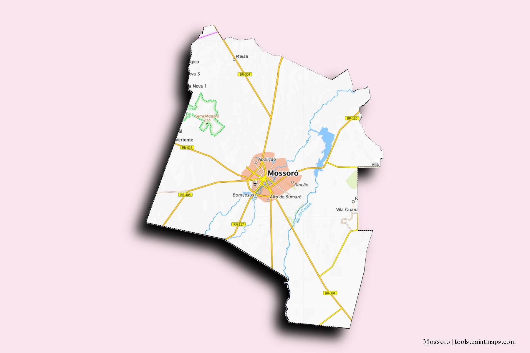 Mapa de barrios y pueblos de Mossoro con efecto de sombra 3D