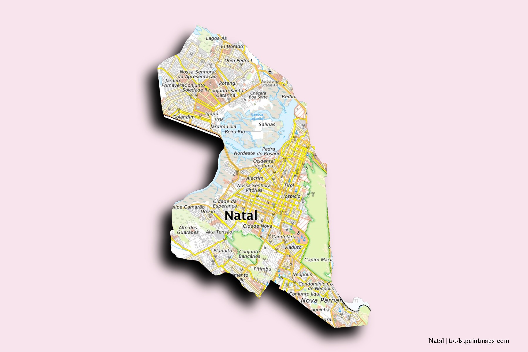 Mapa de barrios y pueblos de Natal con efecto de sombra 3D