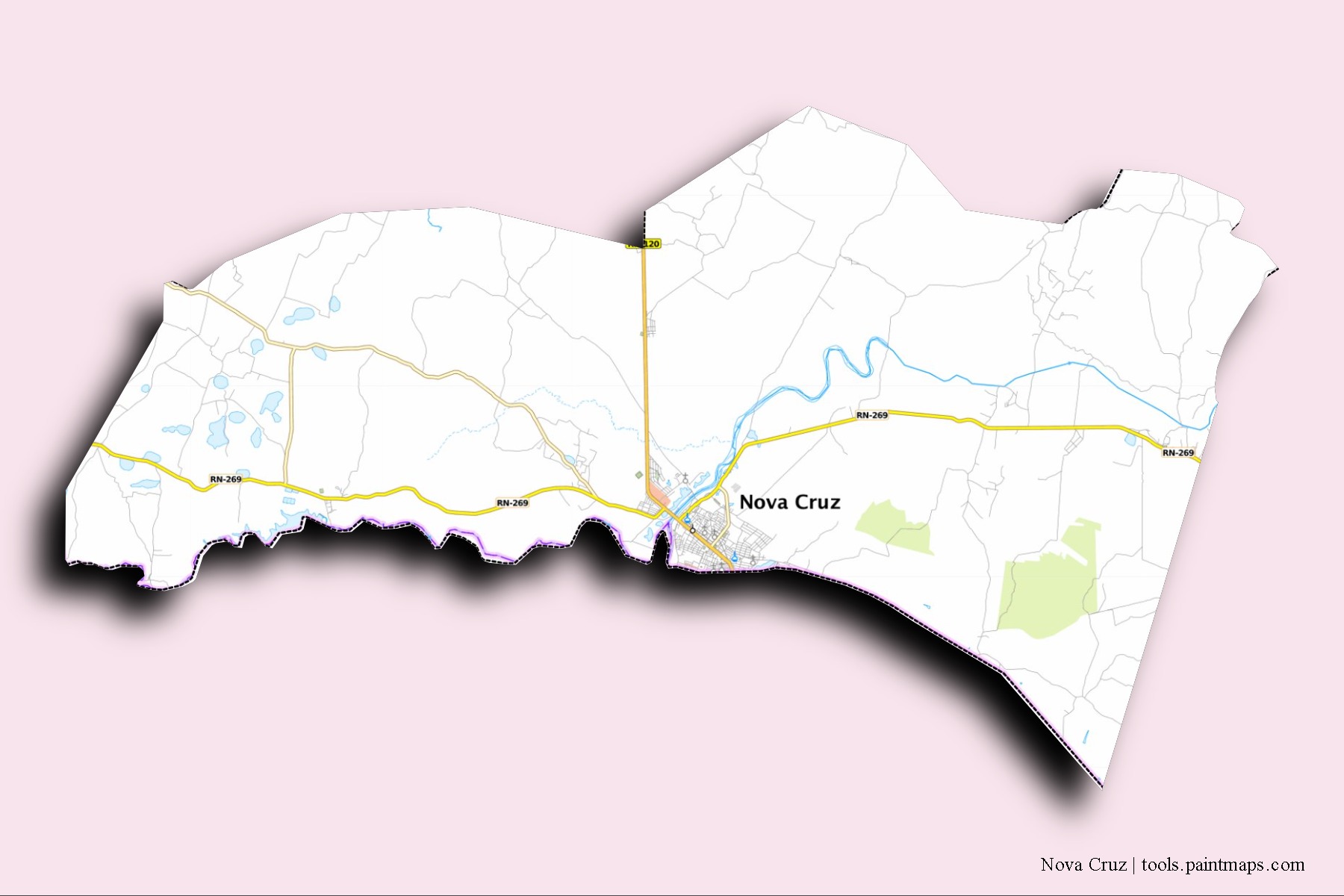 Mapa de barrios y pueblos de Nova Cruz con efecto de sombra 3D