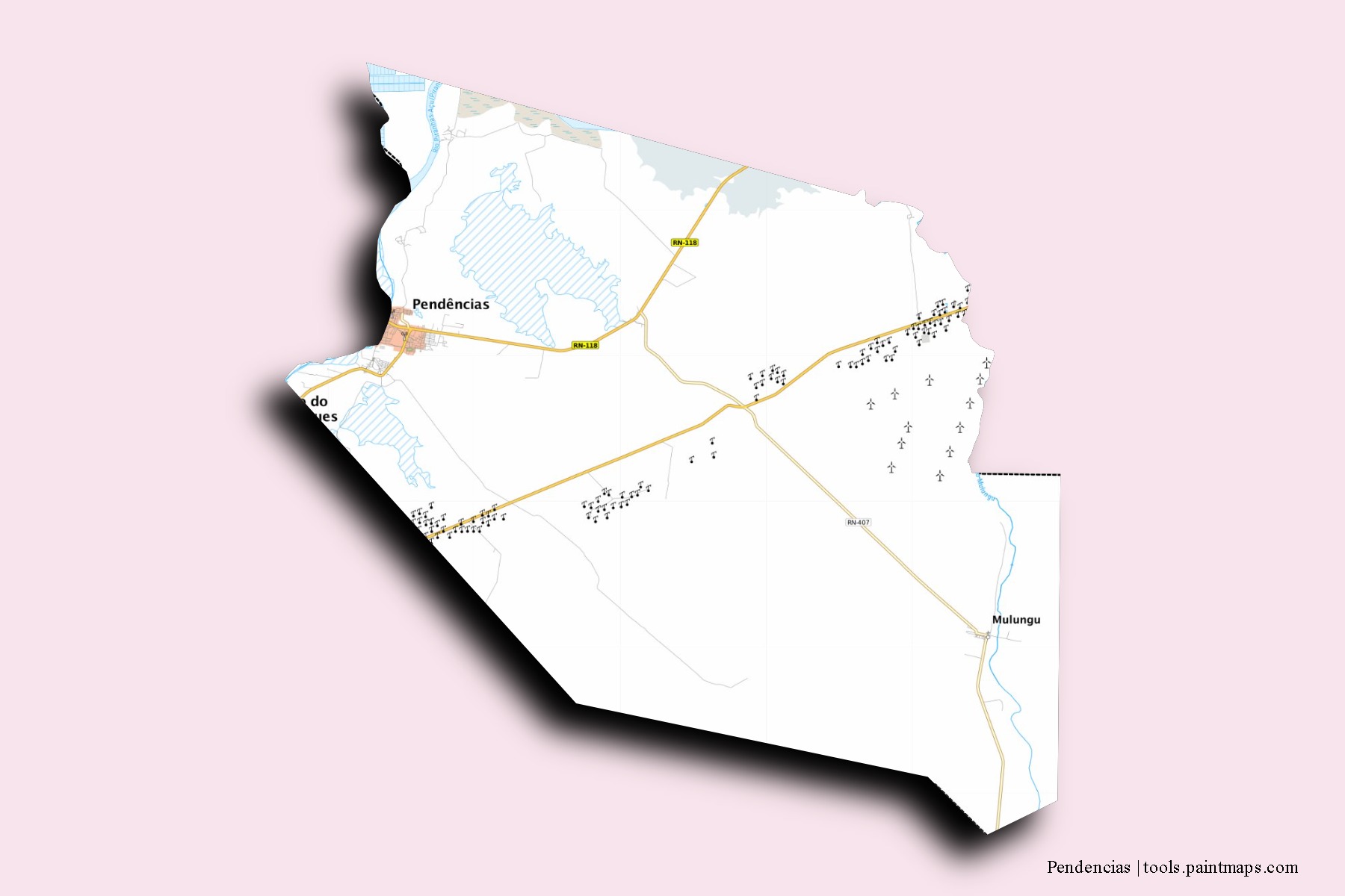 Pendencias neighborhoods and villages map with 3D shadow effect