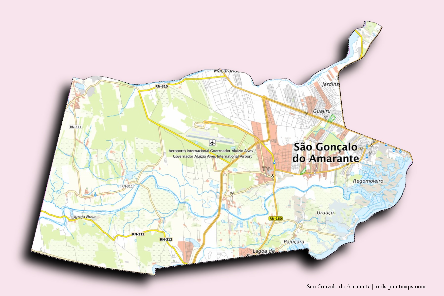 Mapa de barrios y pueblos de Sao Goncalo do Amarante con efecto de sombra 3D