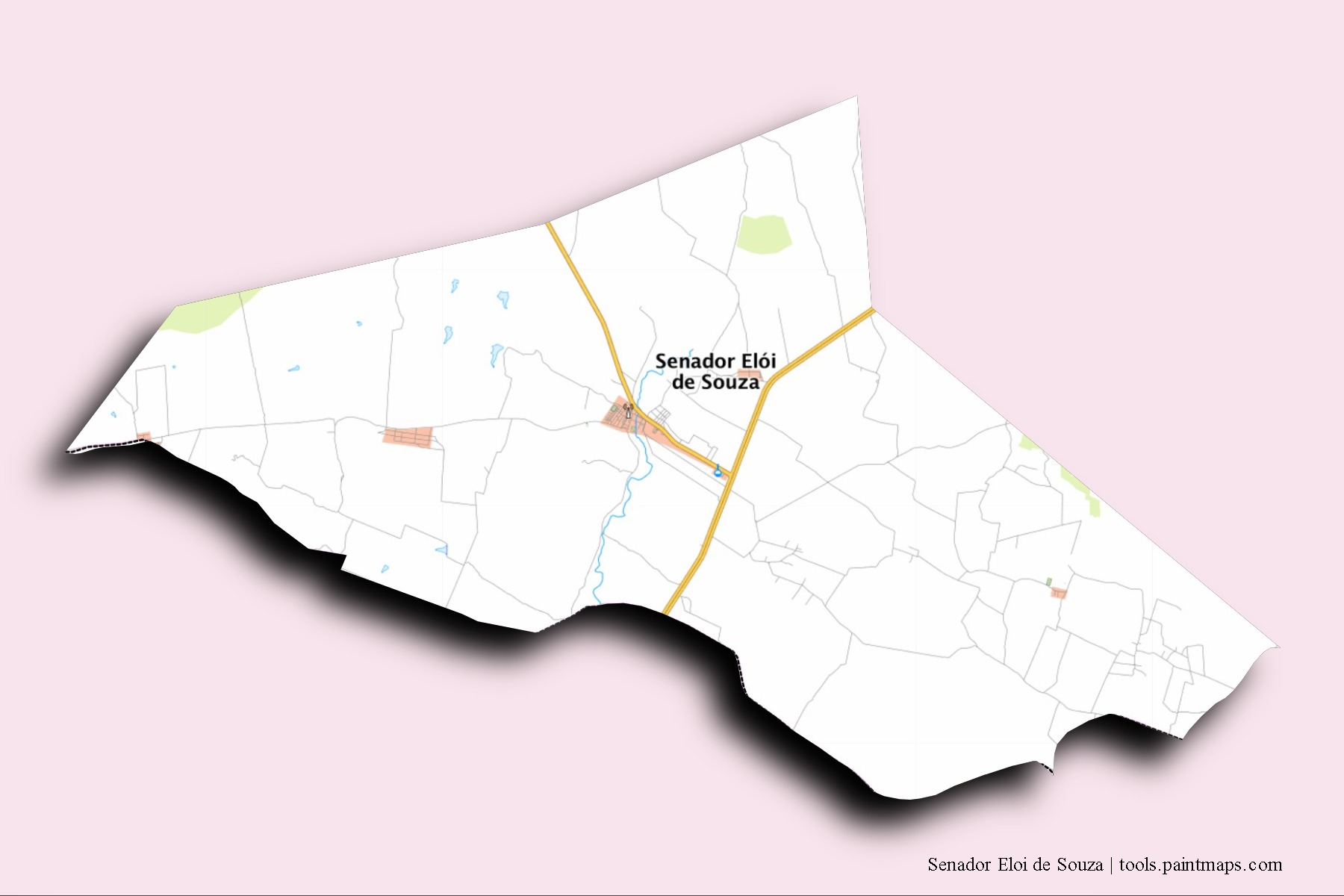 Mapa de barrios y pueblos de Senador Eloi de Souza con efecto de sombra 3D