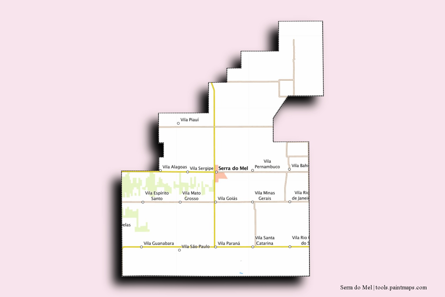 Mapa de barrios y pueblos de Serra do Mel con efecto de sombra 3D