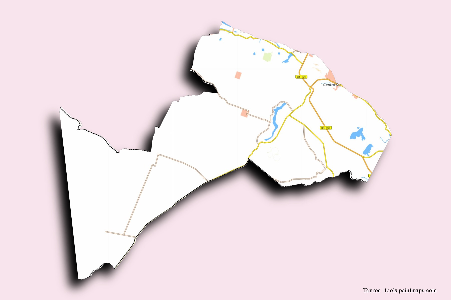 Mapa de barrios y pueblos de Touros con efecto de sombra 3D