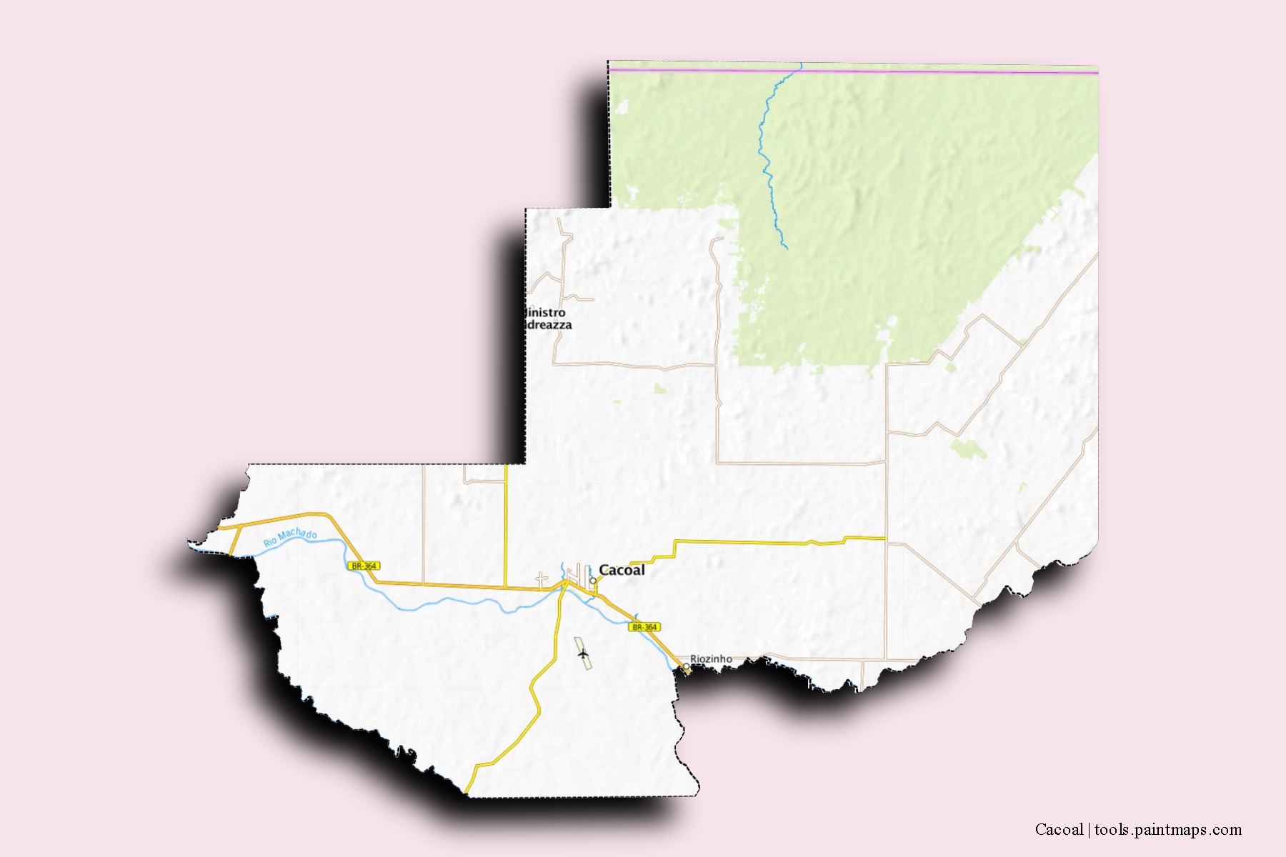 Cacoal neighborhoods and villages map with 3D shadow effect