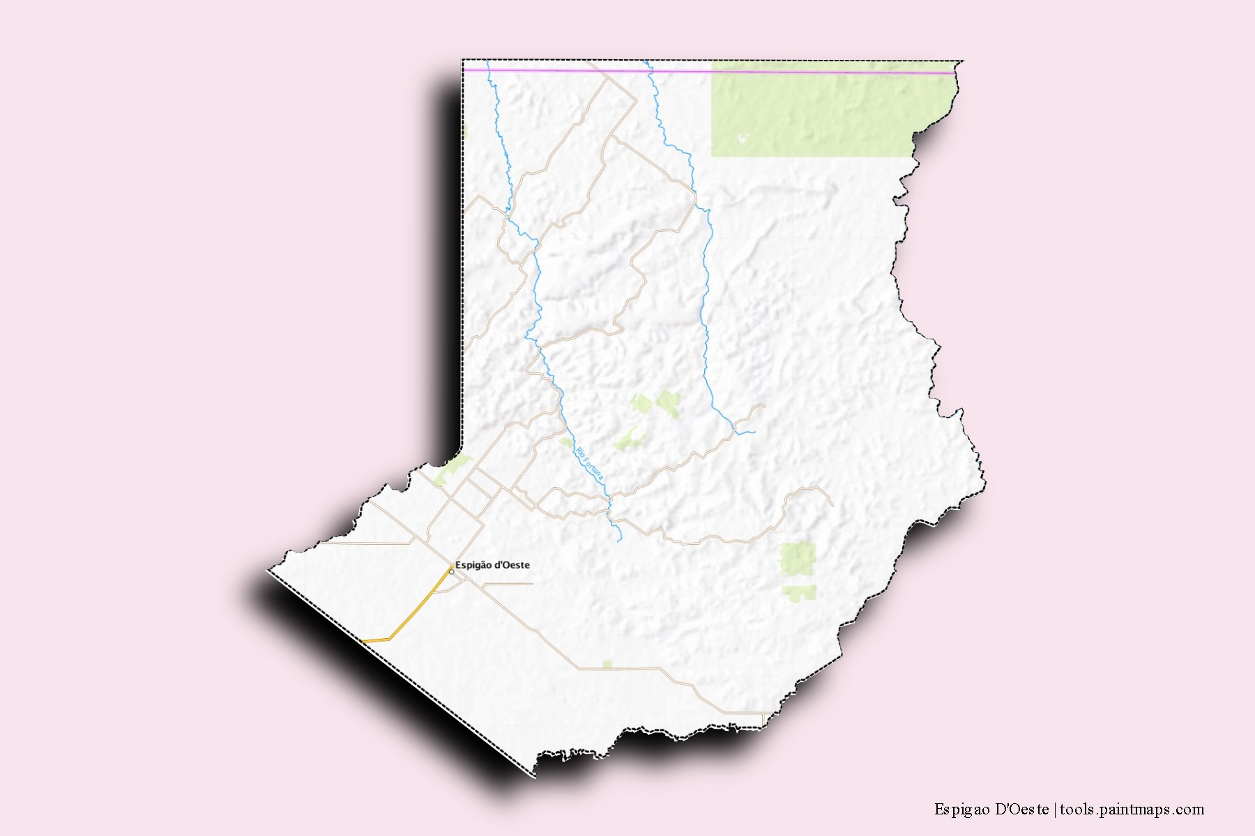 Mapa de barrios y pueblos de Espigao D'Oeste con efecto de sombra 3D