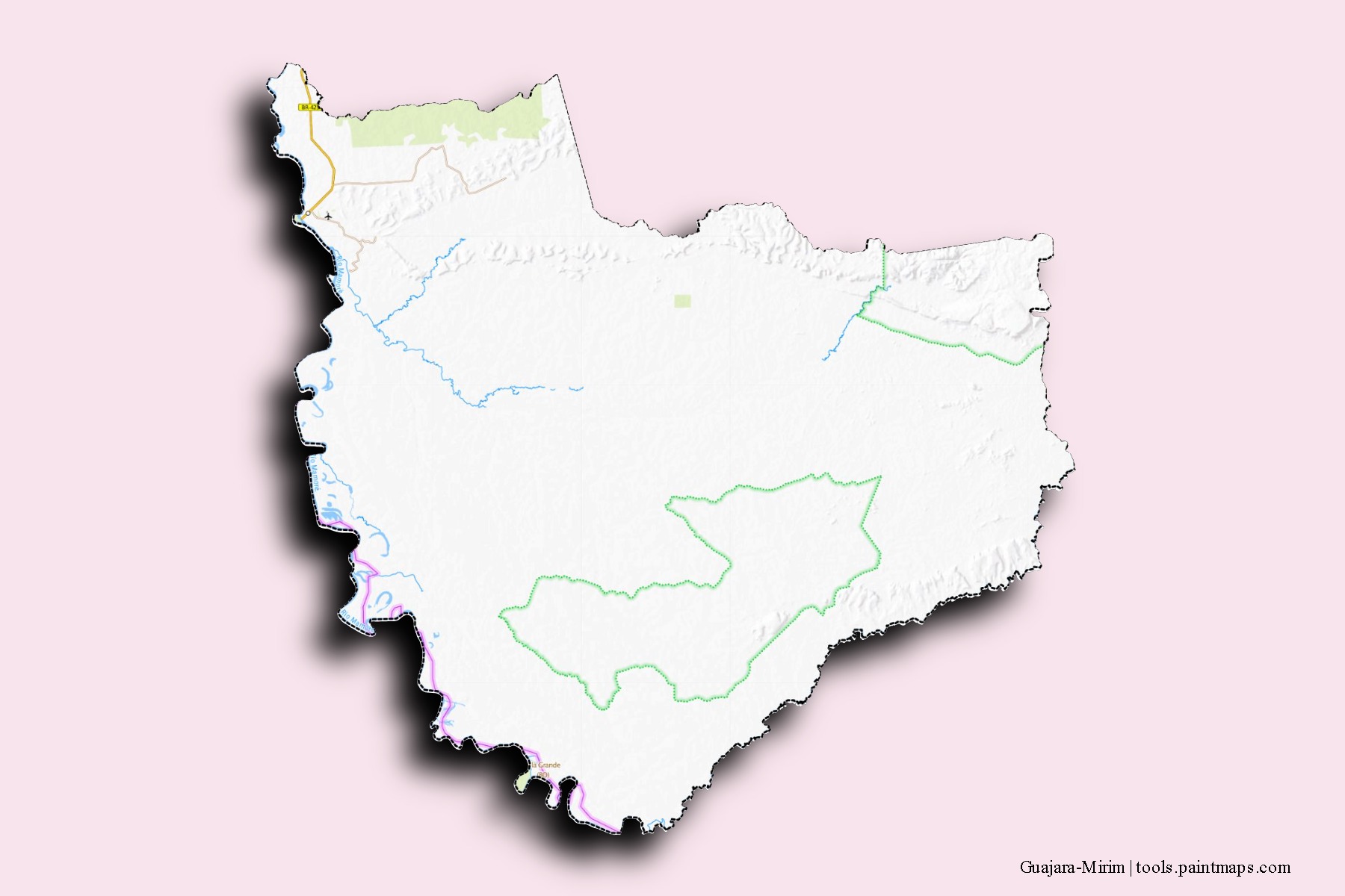 Mapa de barrios y pueblos de Guajara-Mirim con efecto de sombra 3D