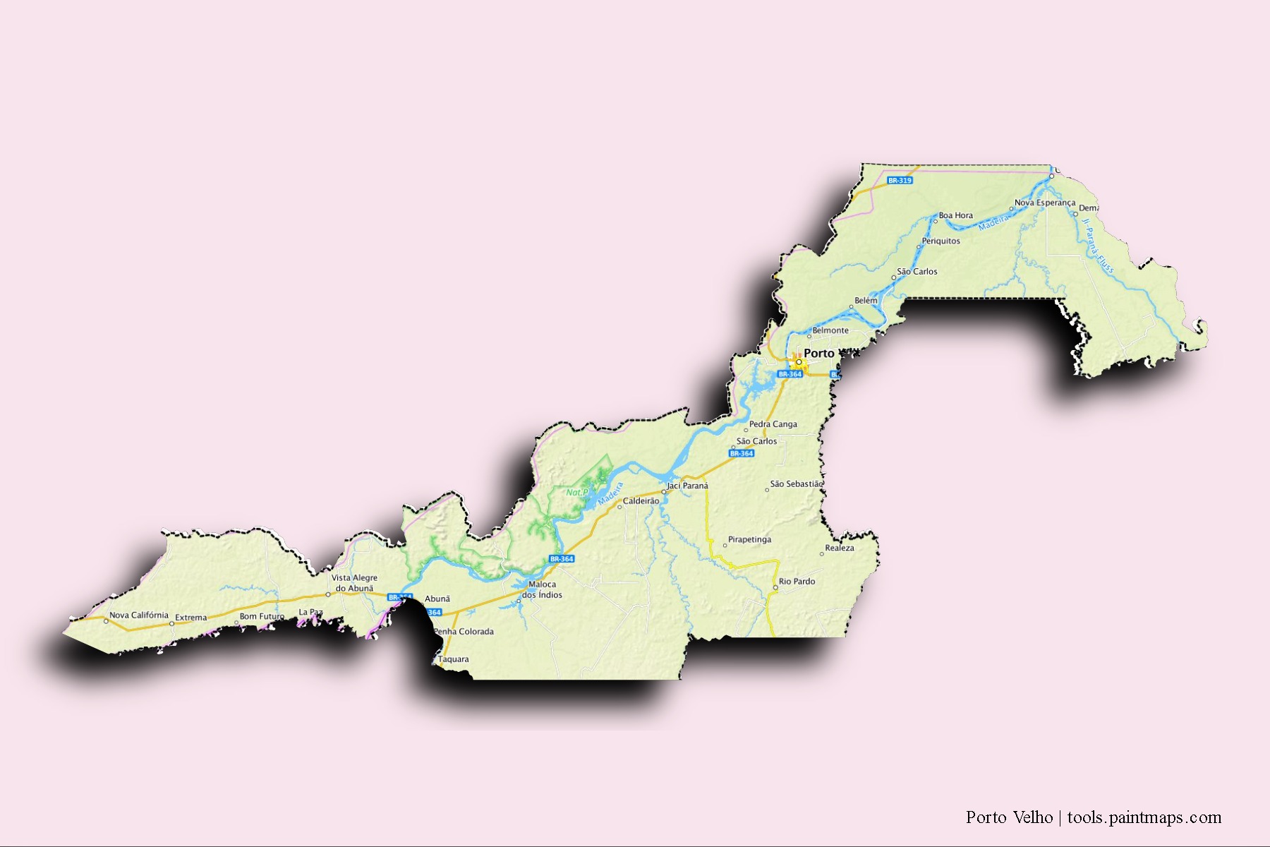 Porto Velho neighborhoods and villages map with 3D shadow effect