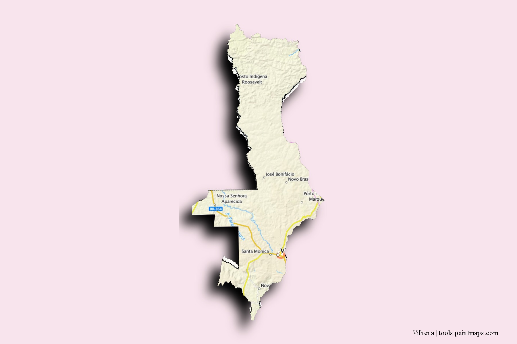 Mapa de barrios y pueblos de Vilhena con efecto de sombra 3D