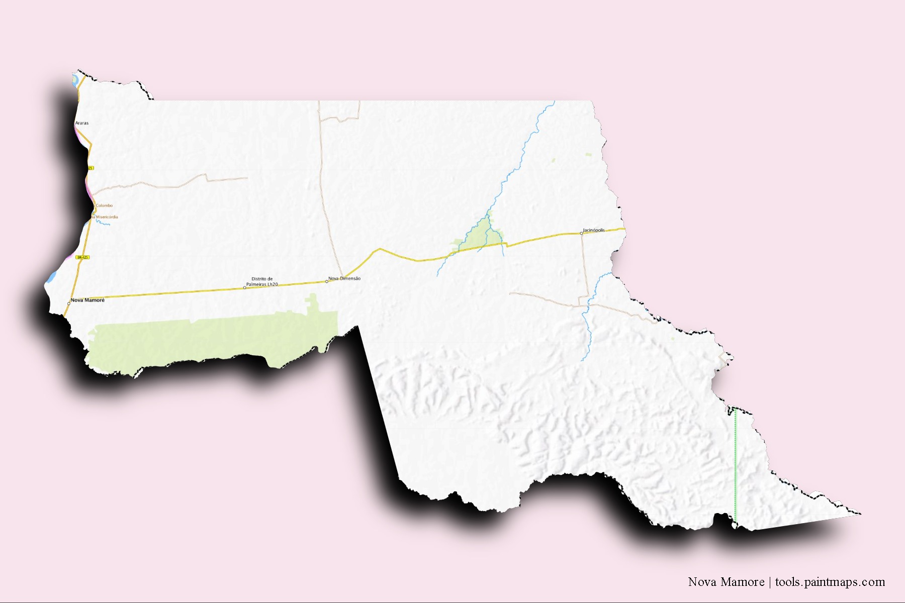 Mapa de barrios y pueblos de Nova Mamore con efecto de sombra 3D