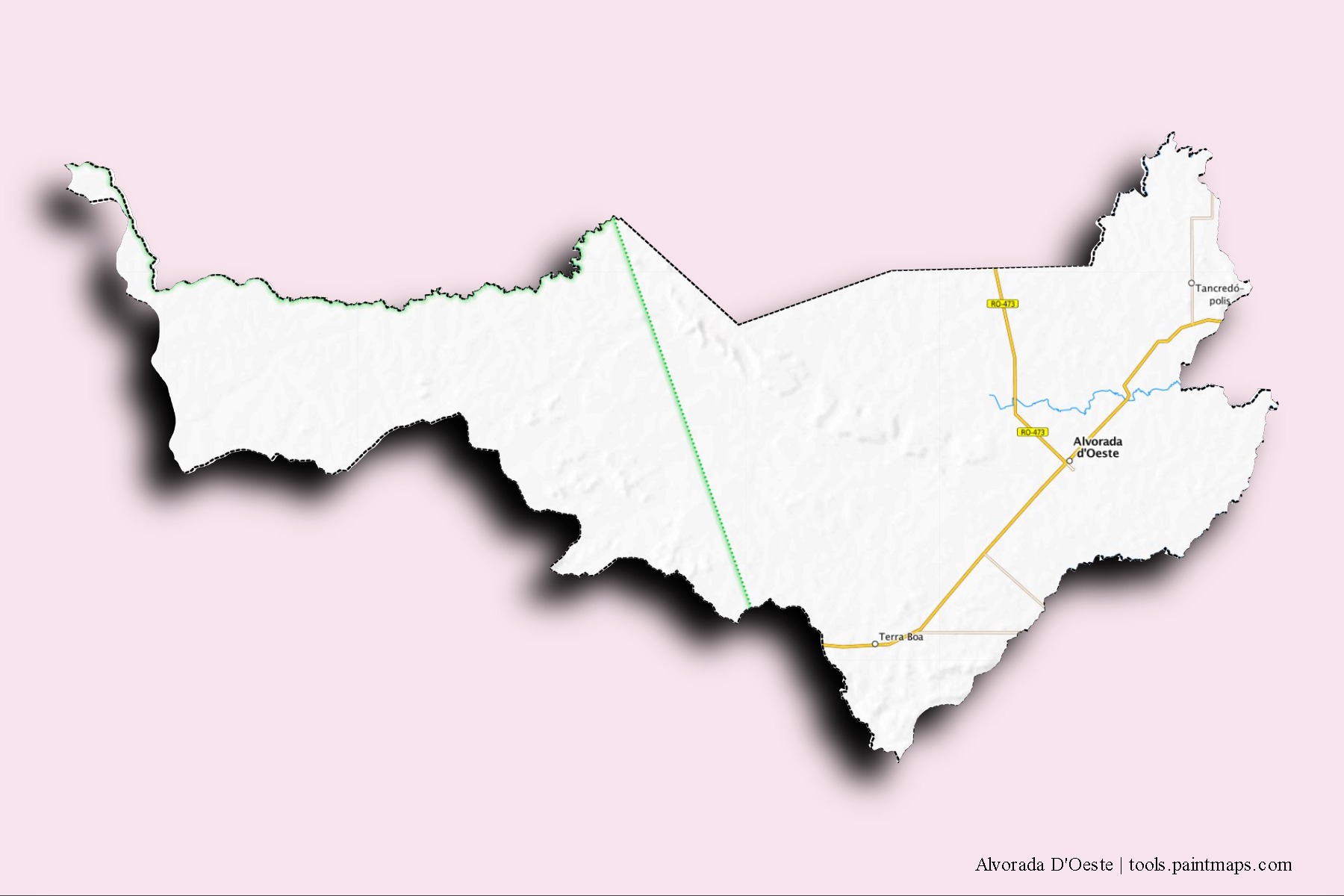 3D gölge efektli Alvorada d'Oeste mahalleleri ve köyleri haritası