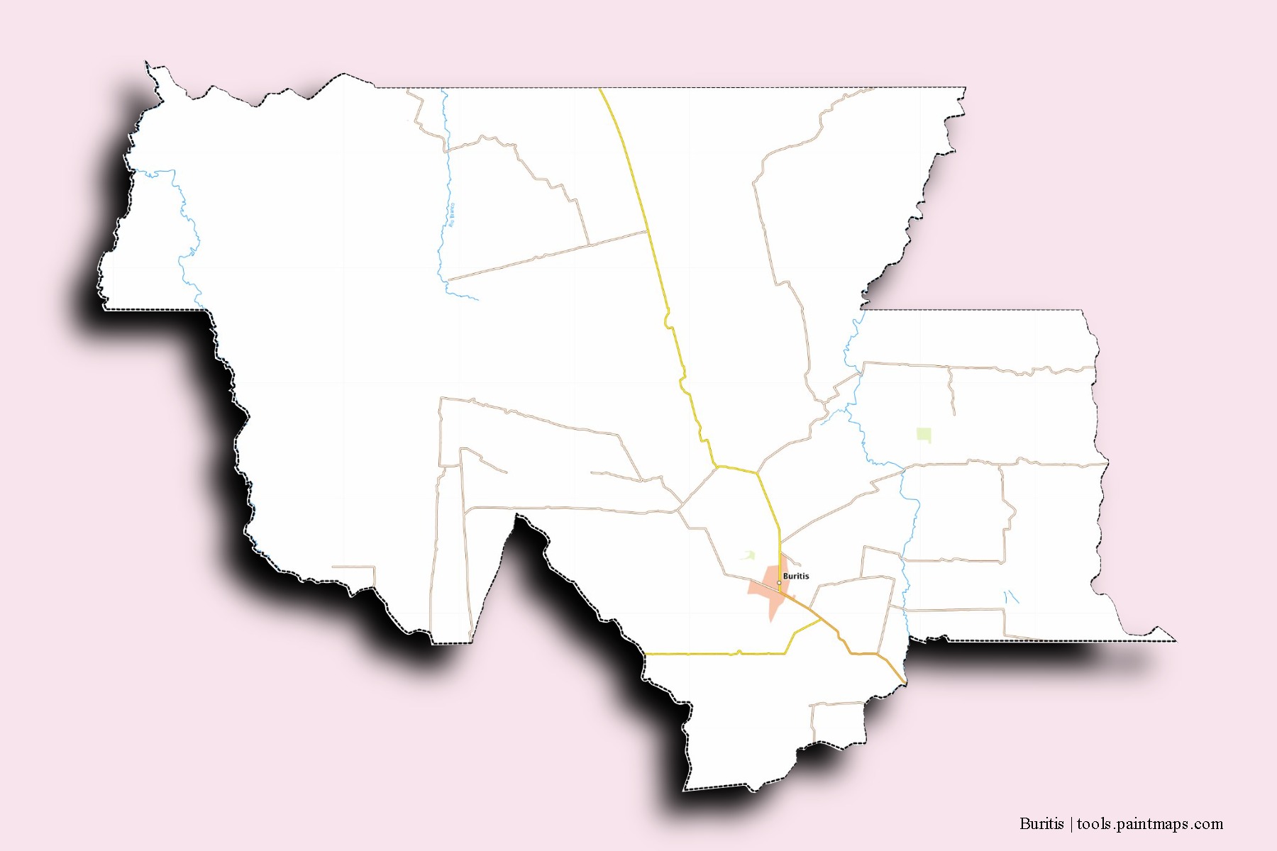Mapa de barrios y pueblos de Buritis con efecto de sombra 3D