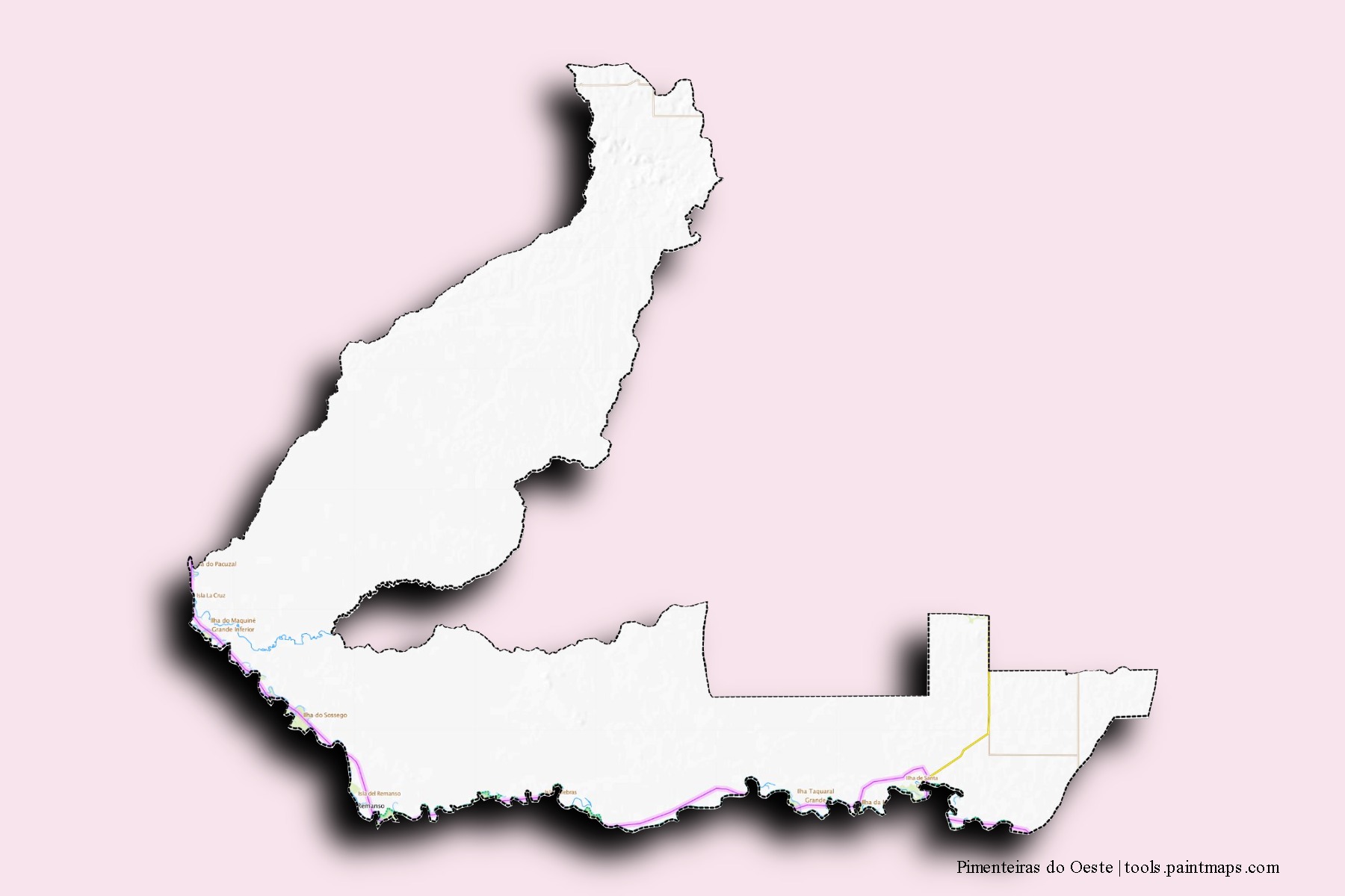 Mapa de barrios y pueblos de Pimenteiras do Oeste con efecto de sombra 3D