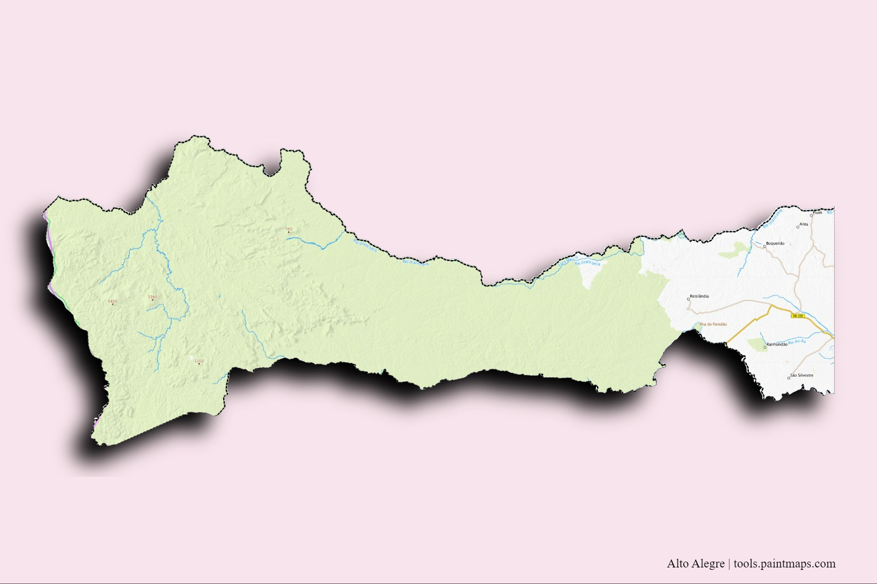 Mapa de barrios y pueblos de Alto Alegre con efecto de sombra 3D