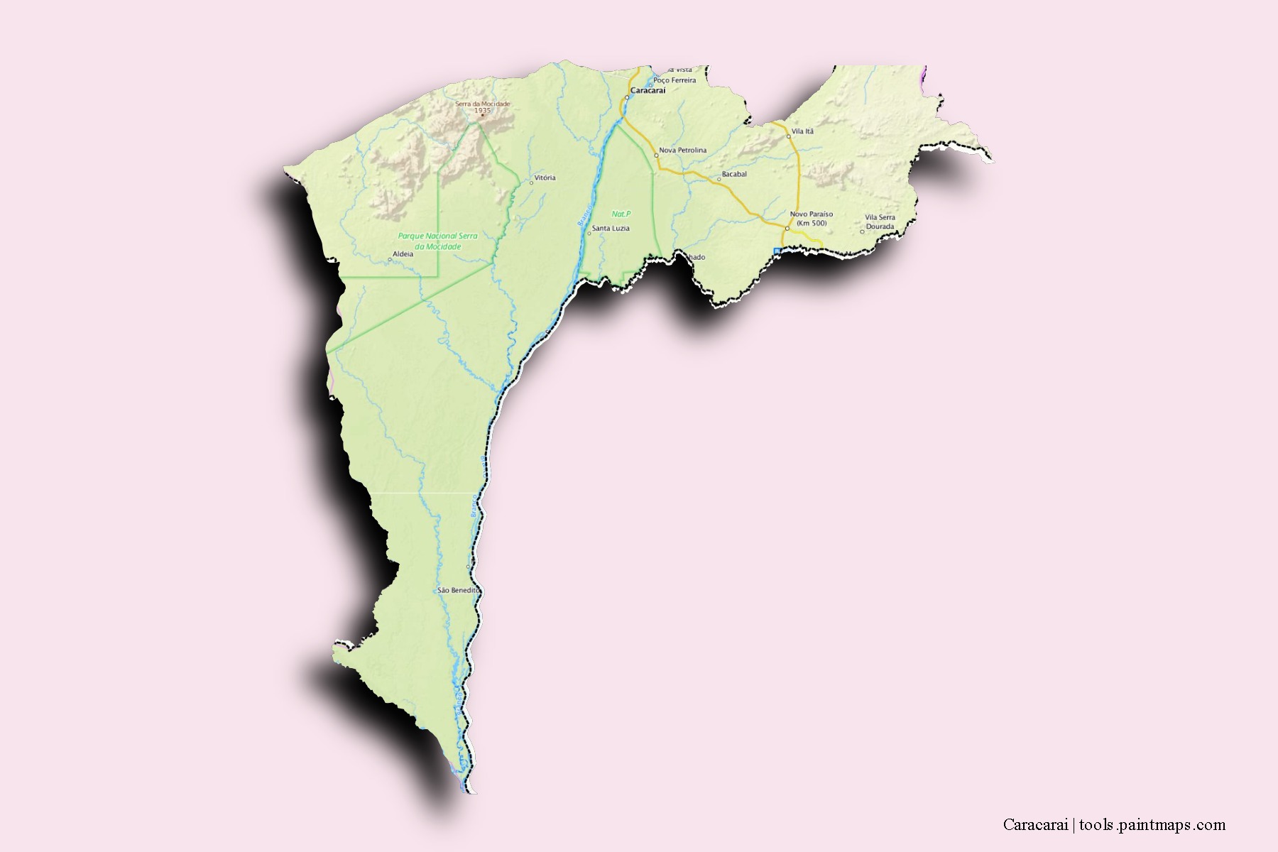 Mapa de barrios y pueblos de Caracarai con efecto de sombra 3D