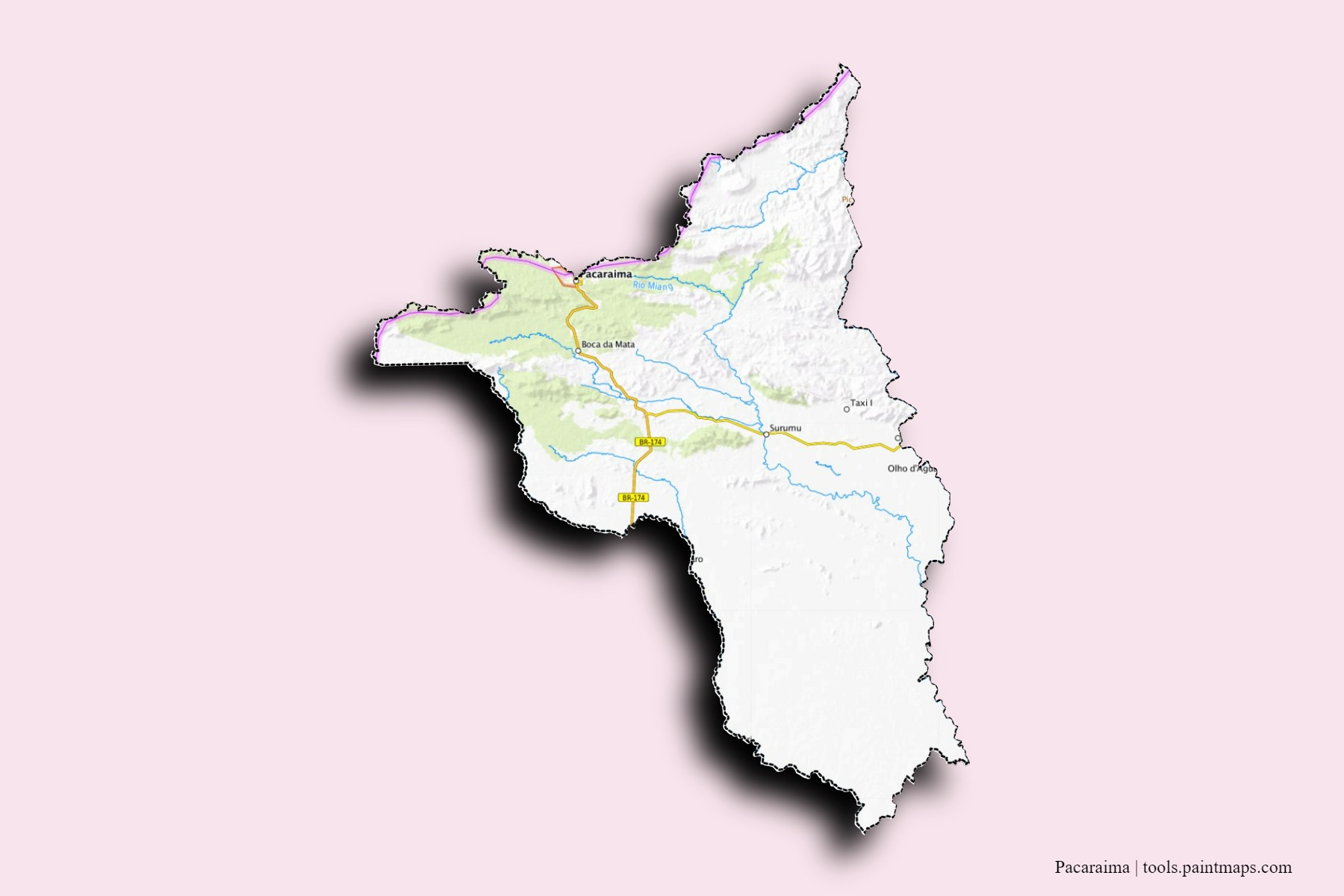 Mapa de barrios y pueblos de Pacaraima con efecto de sombra 3D