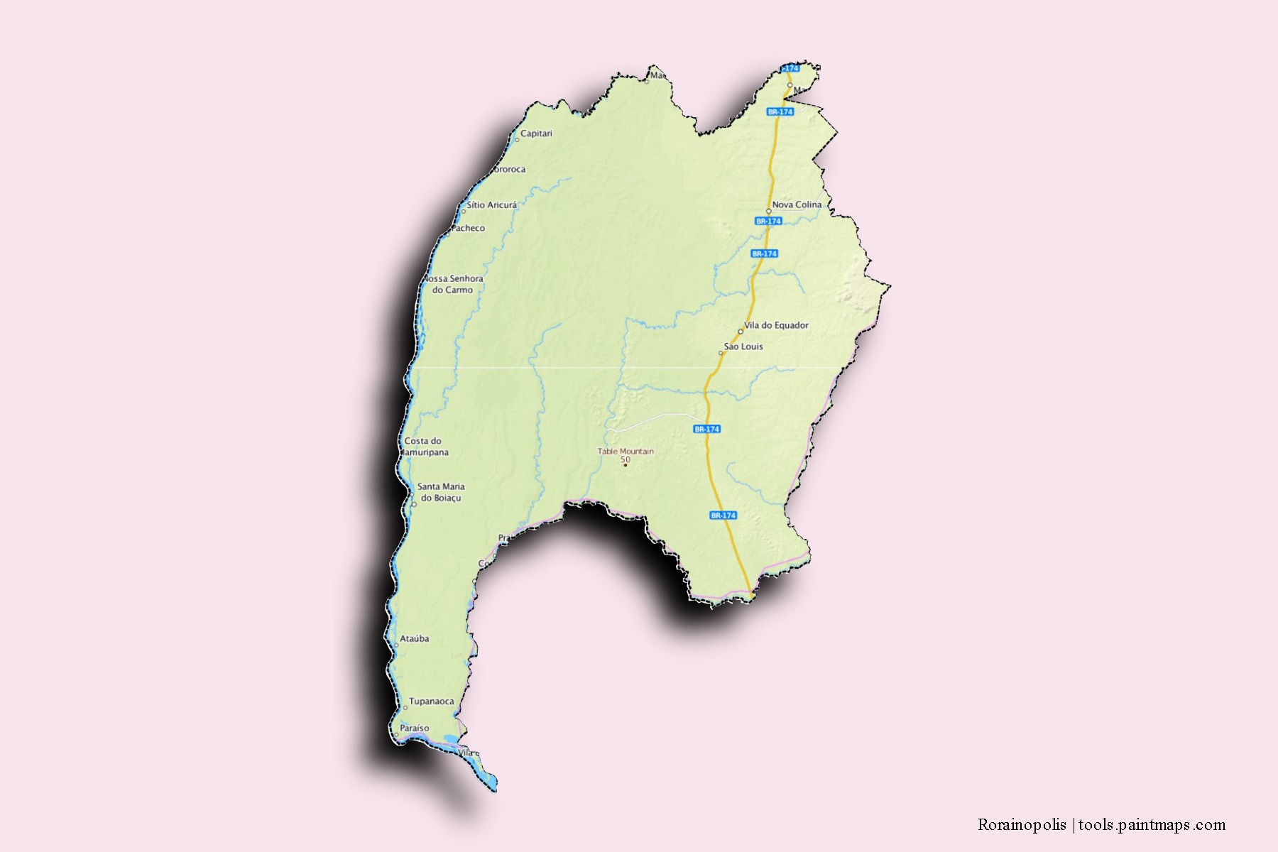 Mapa de barrios y pueblos de Rorainopolis con efecto de sombra 3D