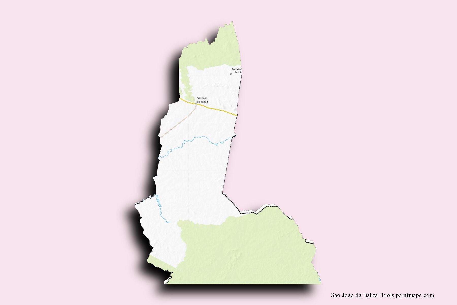 Mapa de barrios y pueblos de Sao Joao da Baliza con efecto de sombra 3D