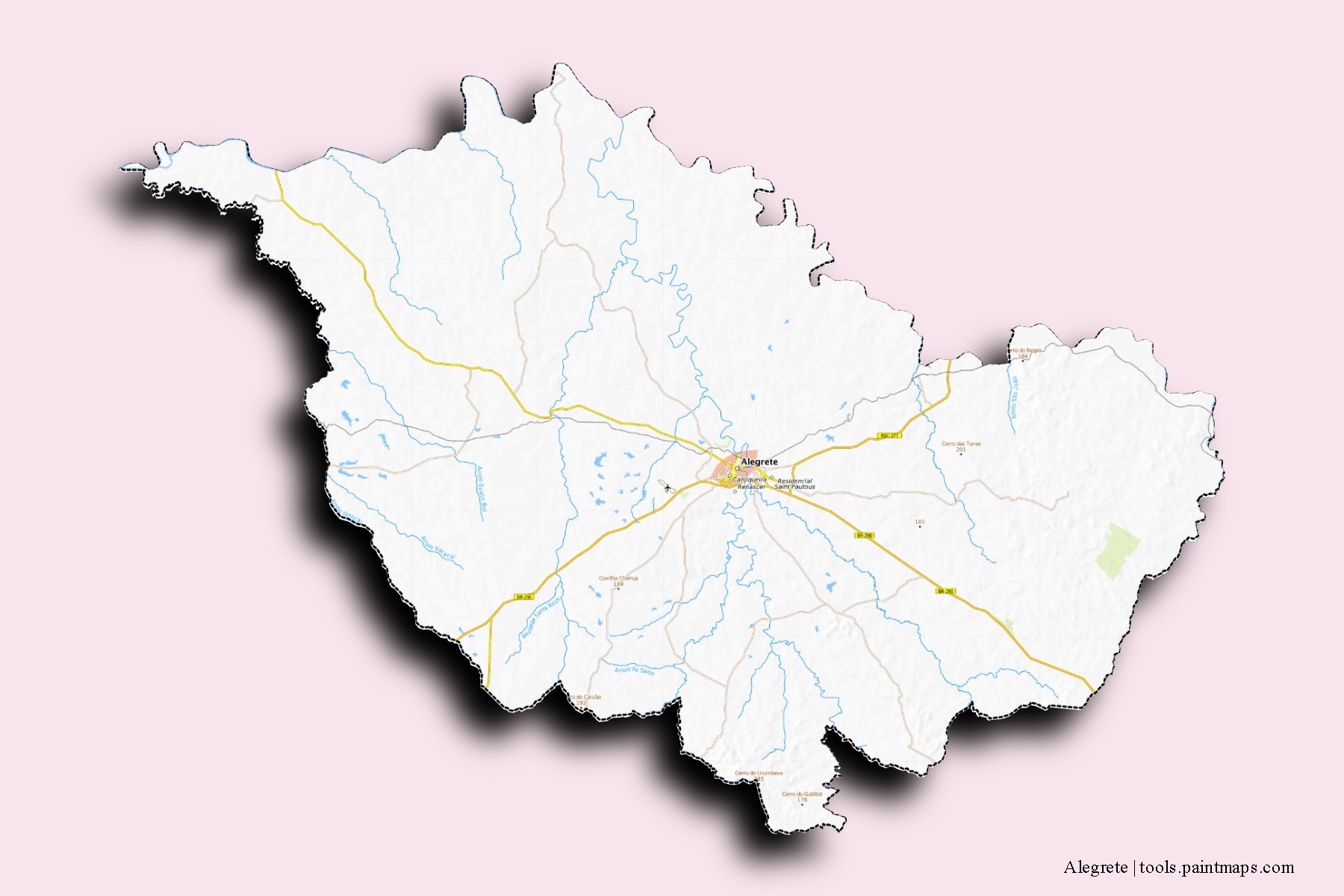 Mapa de barrios y pueblos de Alegrete con efecto de sombra 3D