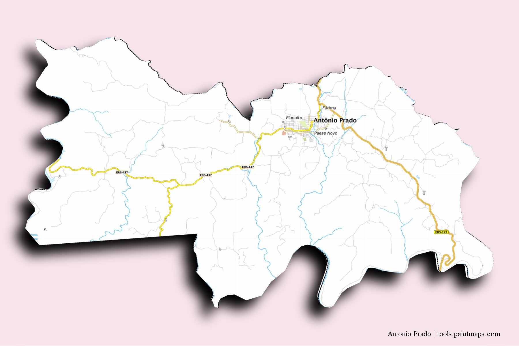 Mapa de barrios y pueblos de Antonio Prado con efecto de sombra 3D