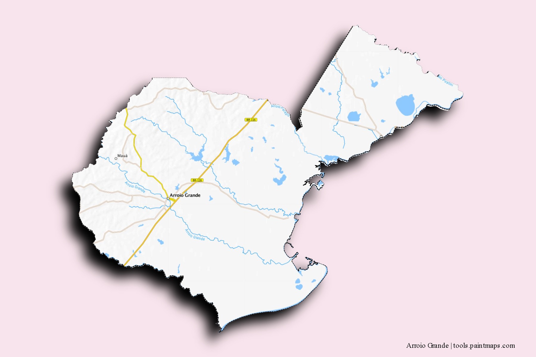 Mapa de barrios y pueblos de Arroio Grande con efecto de sombra 3D