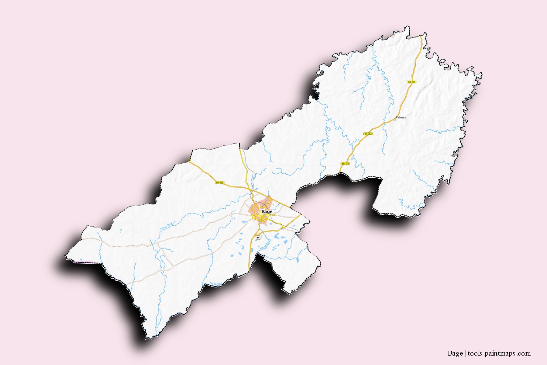 Mapa de barrios y pueblos de Bage con efecto de sombra 3D