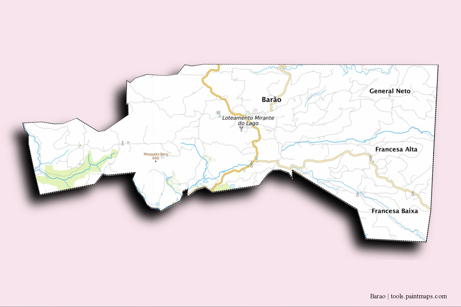 Mapa de barrios y pueblos de Barao con efecto de sombra 3D