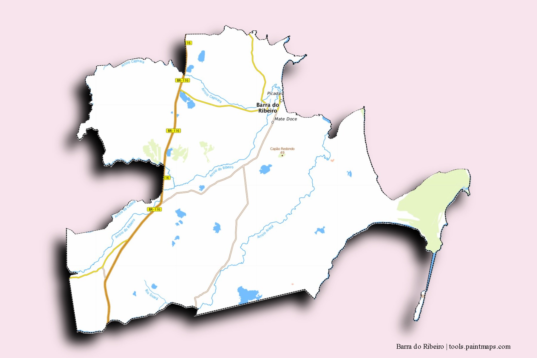 Mapa de barrios y pueblos de Barra do Ribeiro con efecto de sombra 3D