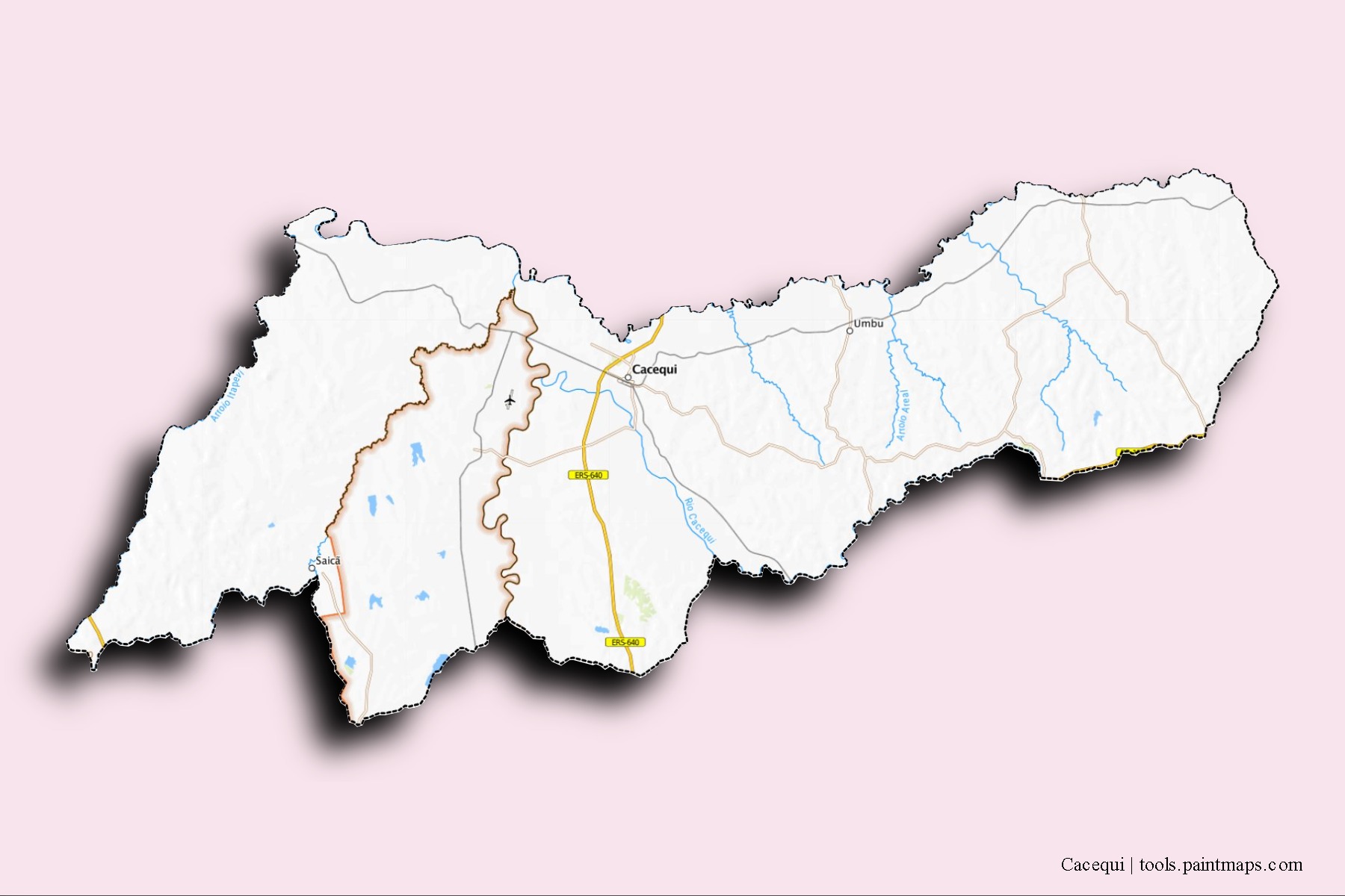 Mapa de barrios y pueblos de Cacequi con efecto de sombra 3D