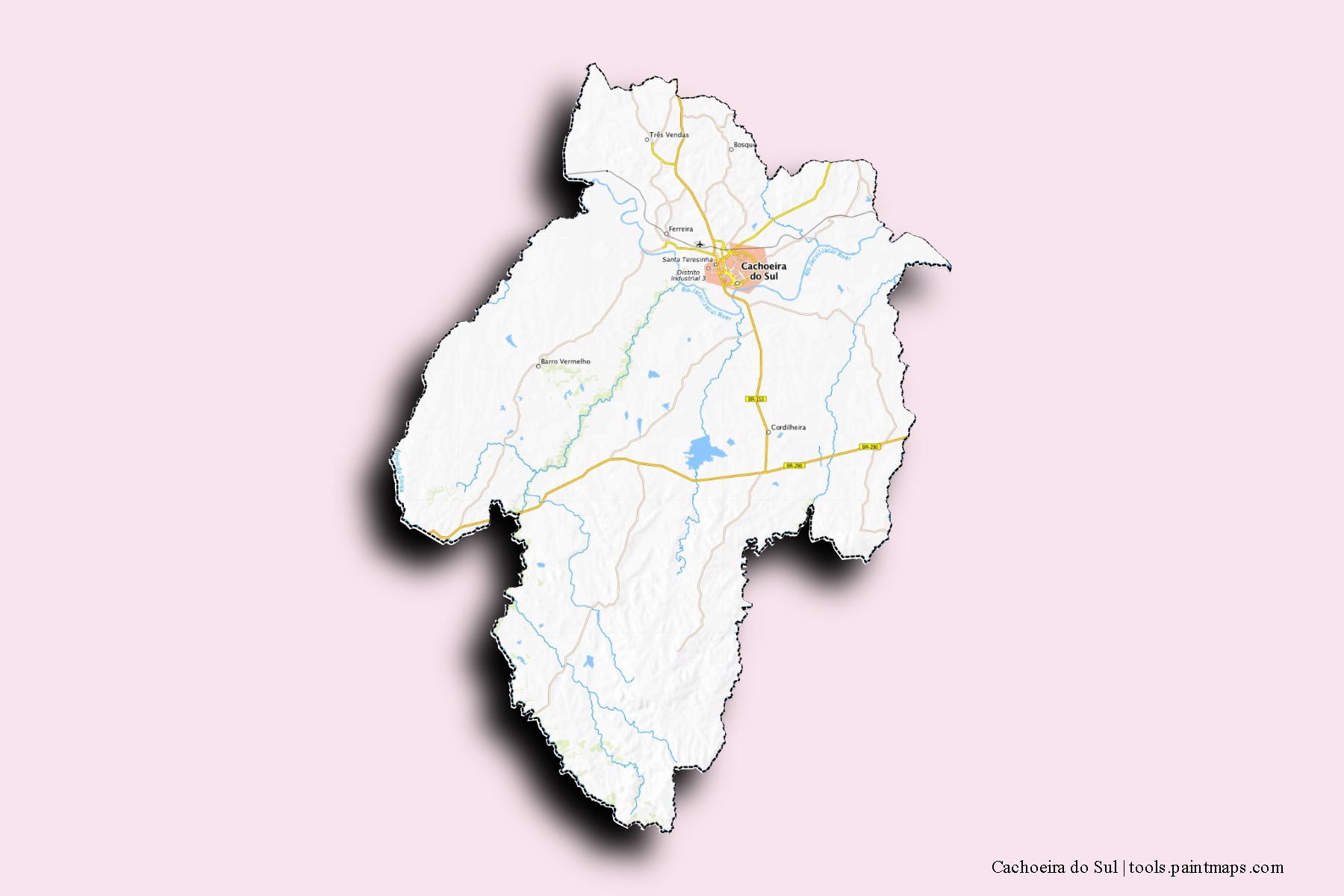 Mapa de barrios y pueblos de Cachoeira do Sul con efecto de sombra 3D