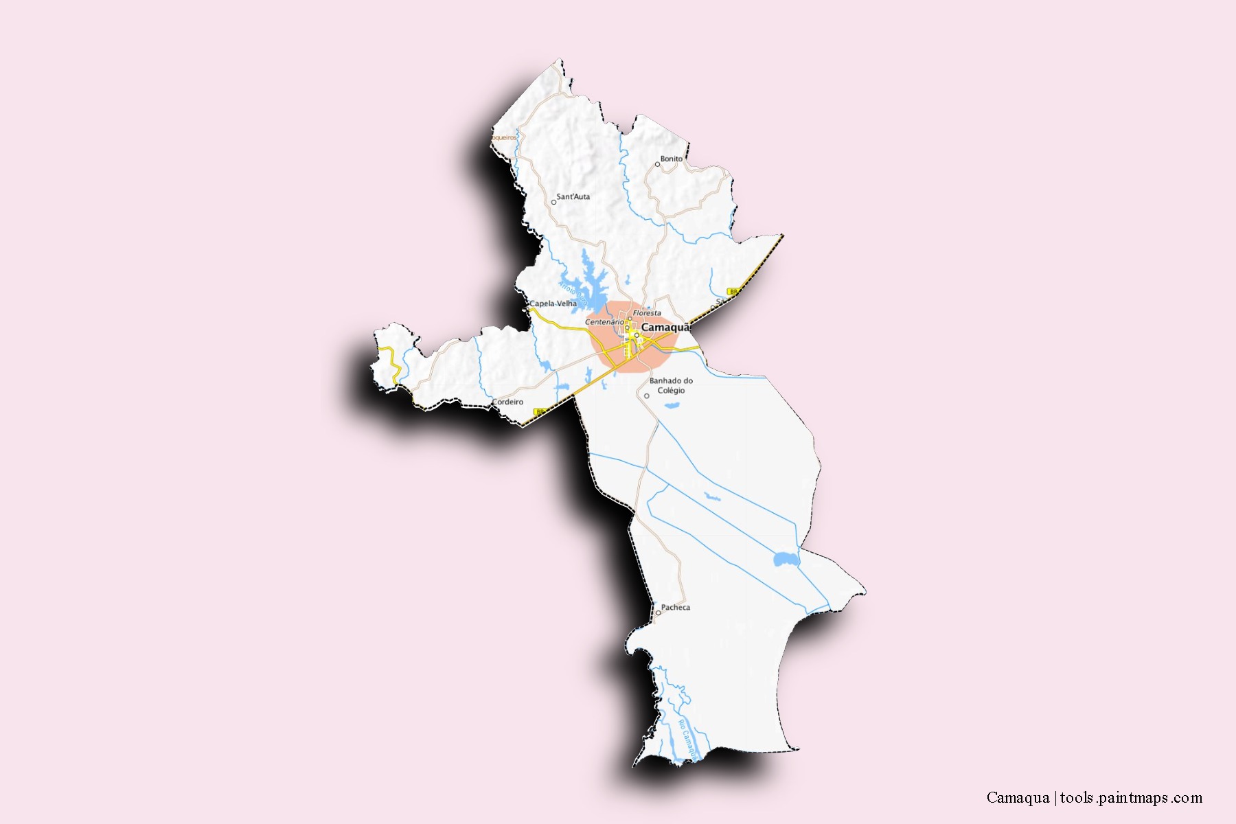 Camaqua neighborhoods and villages map with 3D shadow effect