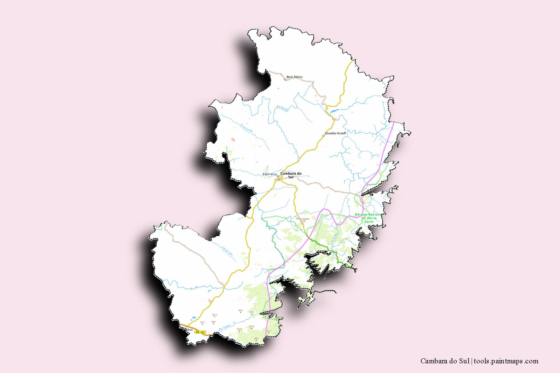 Mapa de barrios y pueblos de Cambara do Sul con efecto de sombra 3D